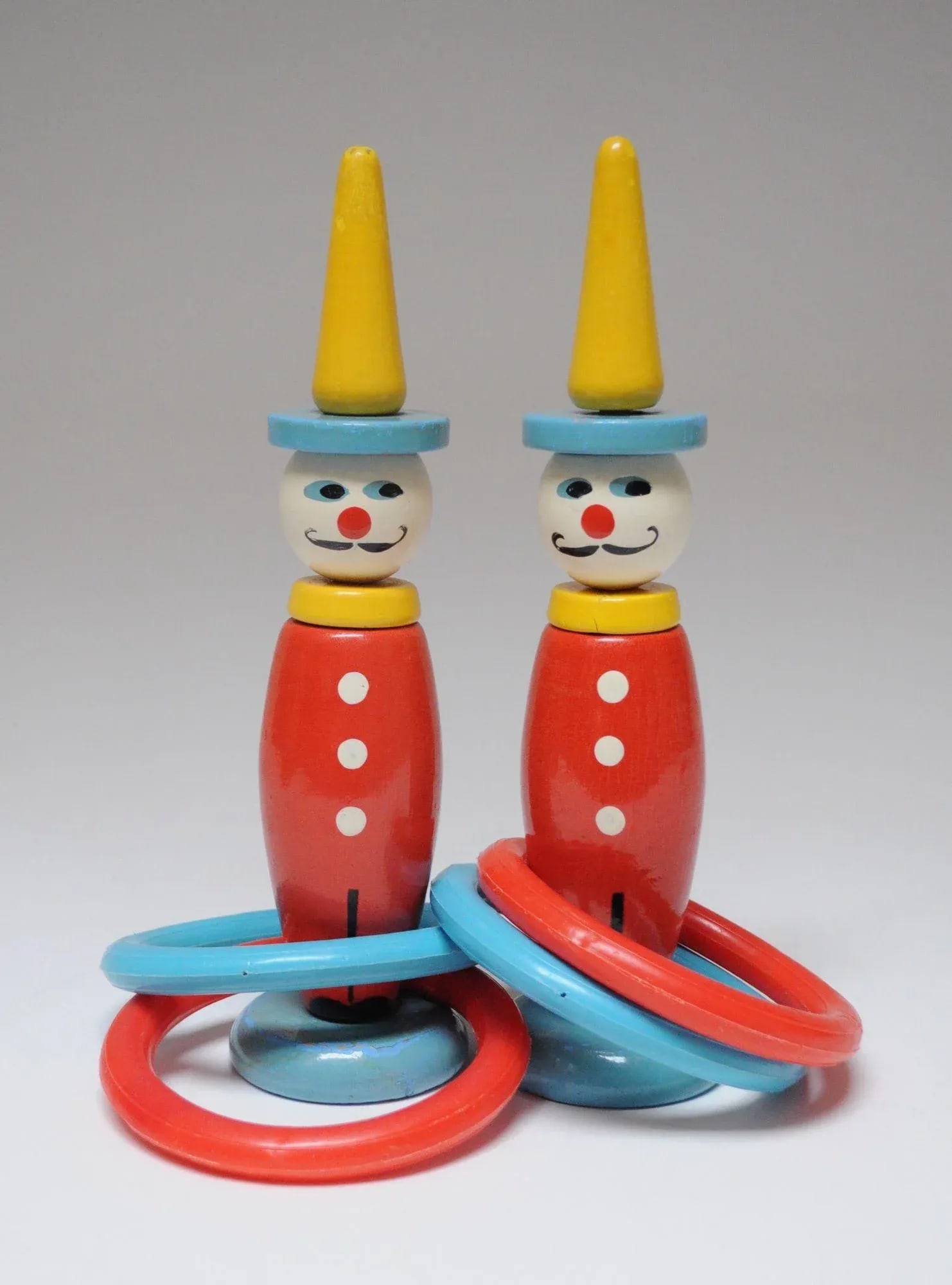 Pair of Vintage French Painted Wooden "Clown" Skittles / Ring Toss Stands With Rings - 2