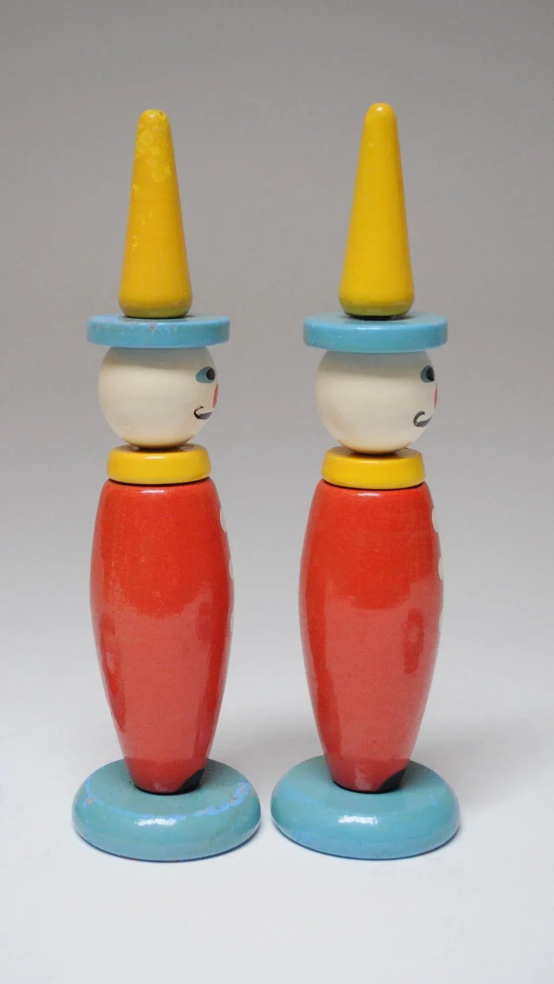 Pair of Vintage French Painted Wooden "Clown" Skittles / Ring Toss Stands With Rings - 3