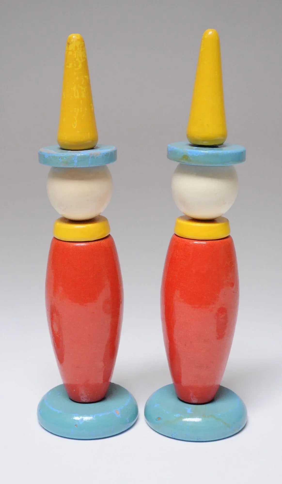 Pair of Vintage French Painted Wooden "Clown" Skittles / Ring Toss Stands With Rings - 4