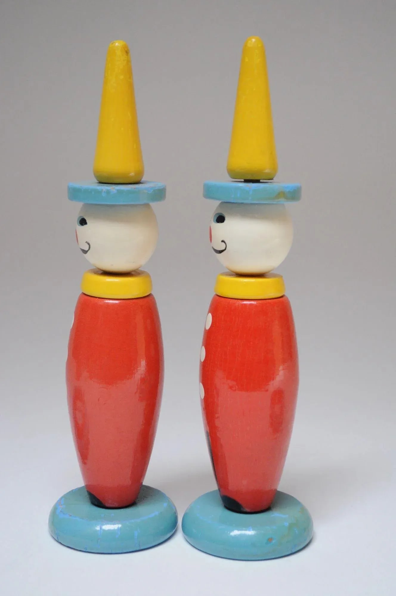Pair of Vintage French Painted Wooden "Clown" Skittles / Ring Toss Stands With Rings - 5