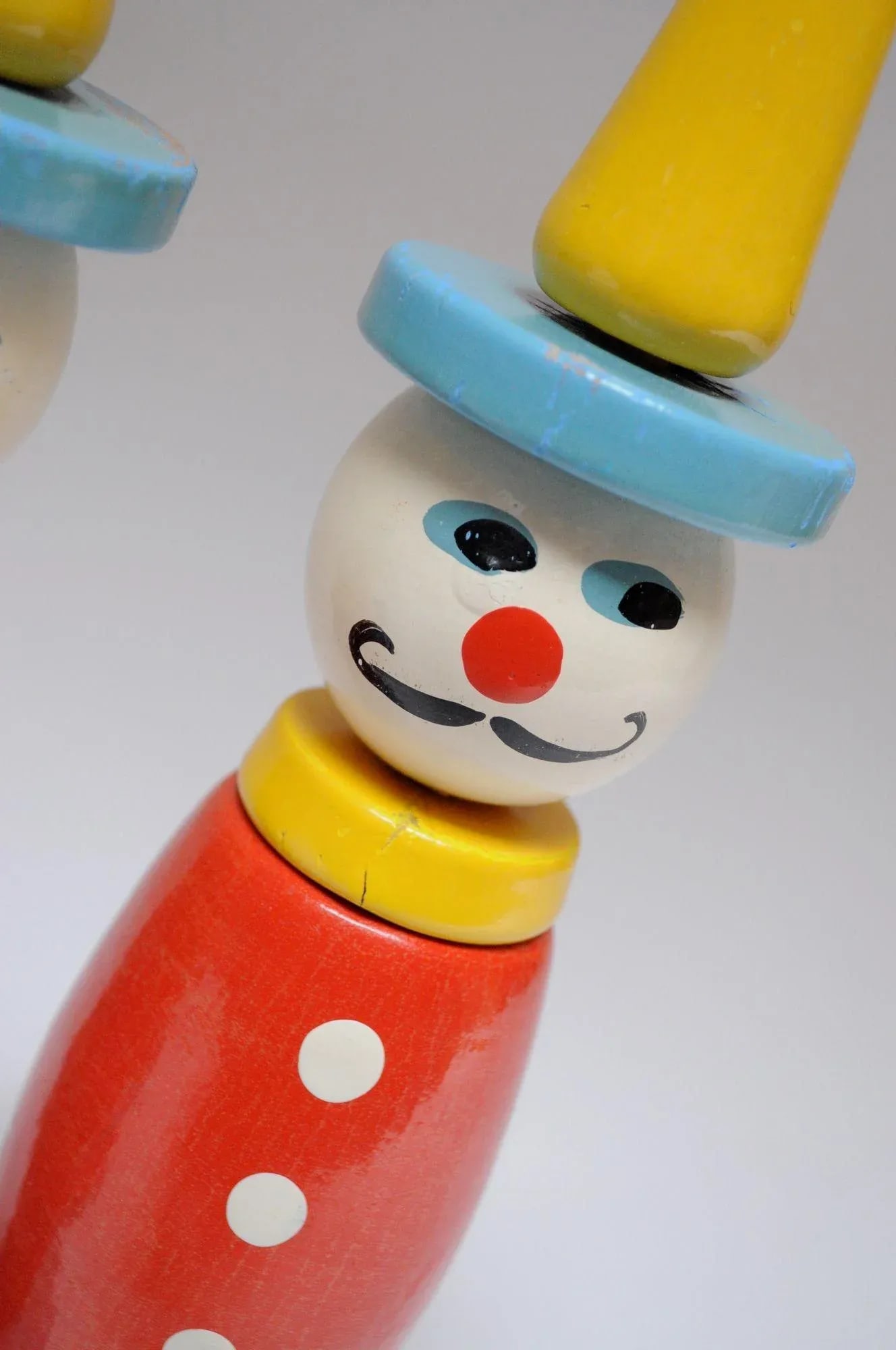 Pair of Vintage French Painted Wooden "Clown" Skittles / Ring Toss Stands With Rings - 7