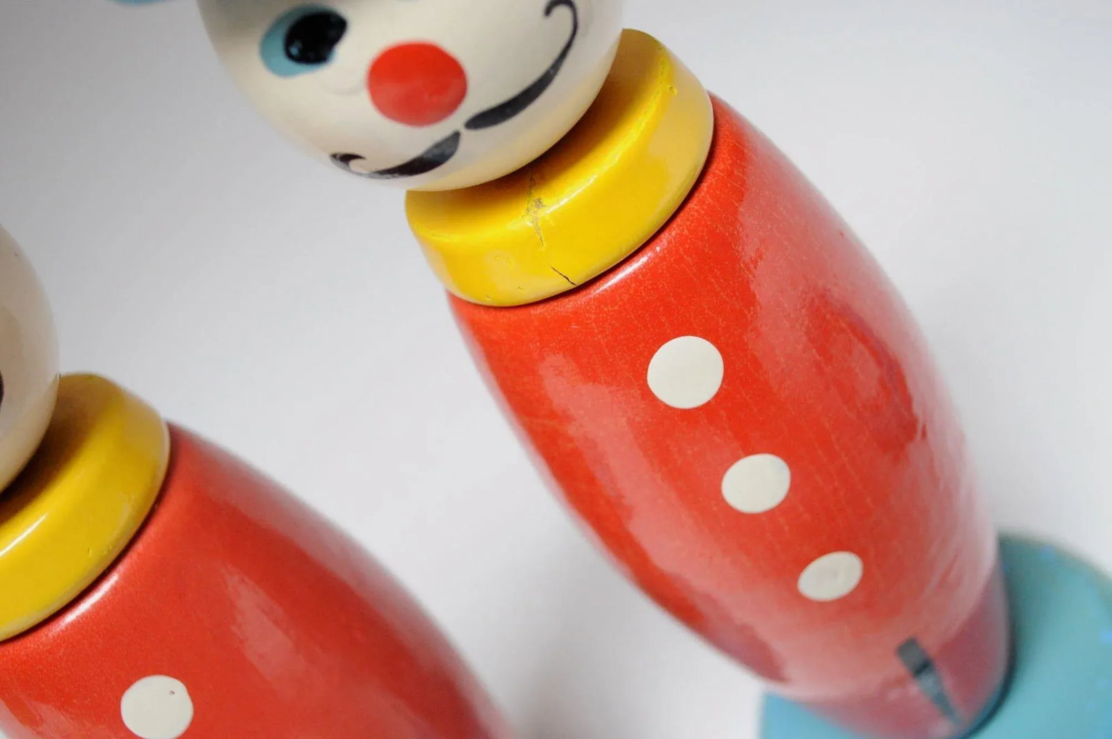 Pair of Vintage French Painted Wooden "Clown" Skittles / Ring Toss Stands With Rings - 8