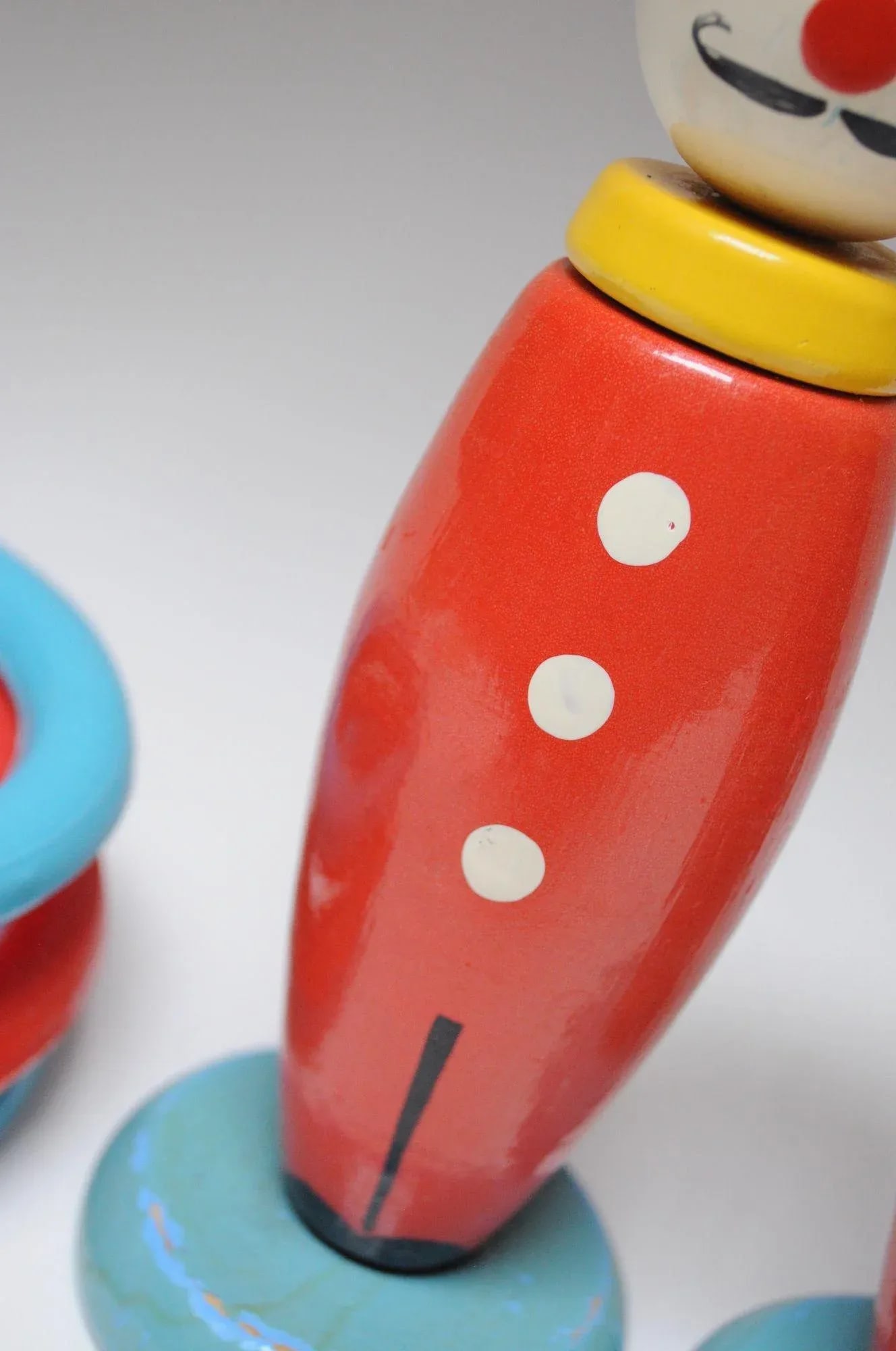 Pair of Vintage French Painted Wooden "Clown" Skittles / Ring Toss Stands With Rings - 9