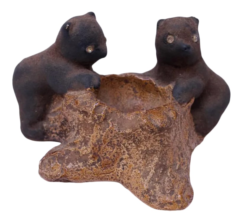 Vintage Chalkware Bear Cub Sculpture: Charming chalkware duo of black bear cubs on a tree trunk. Bears' eyes are cut and applied glass. Extraordinary incorporation of textures. The faux bois tree trunk looks like actual wood, not