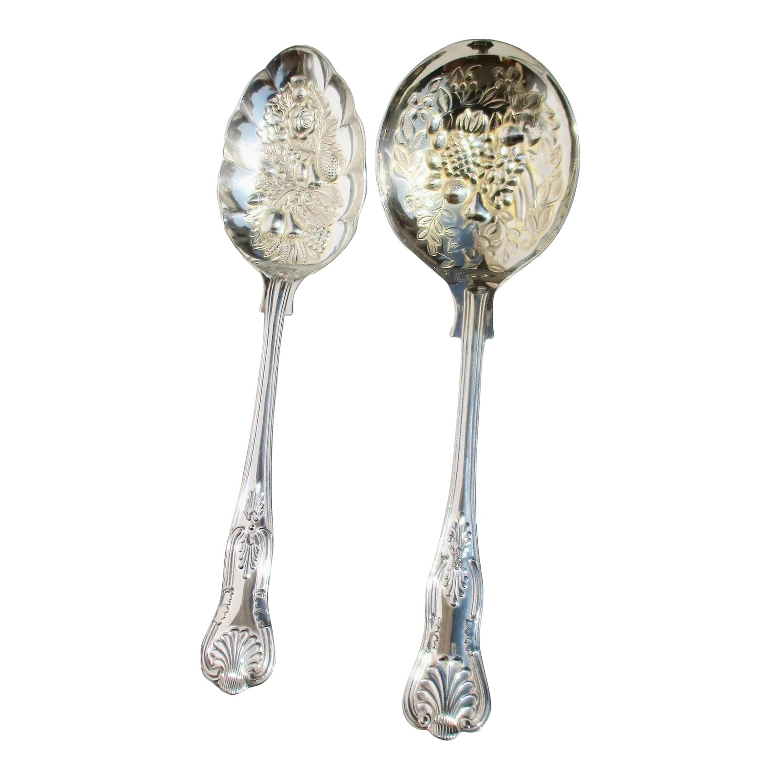 Sheffield Set of Berry Spoons Circa 50s -Set of 2: Serving Set of berry spoons by EPNS Sheffield England. vintage is 50s. The size is 9.25" long and 2.8" wide. The design features a low relief of berries, pineapple, and floral designs. marked EPNS She