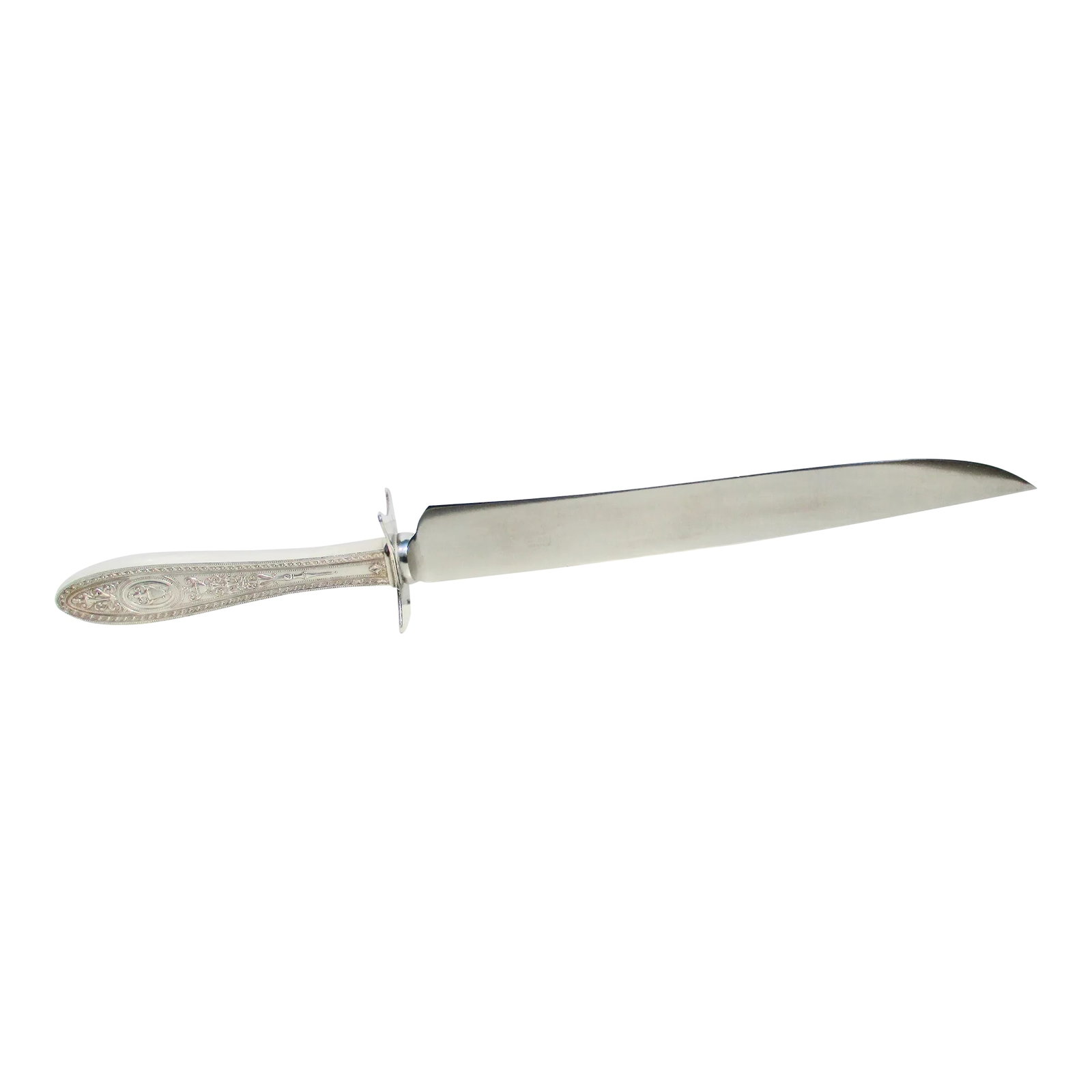 Large Carving Knife Sterling and Stainless Blade Circa 50s': Long Carving knife with sterling silver handle and a stainless steel blade 9.5" long. The total length is 14.5". Highly ornamented by a finely cast and Empire-style designs. The handle is marked