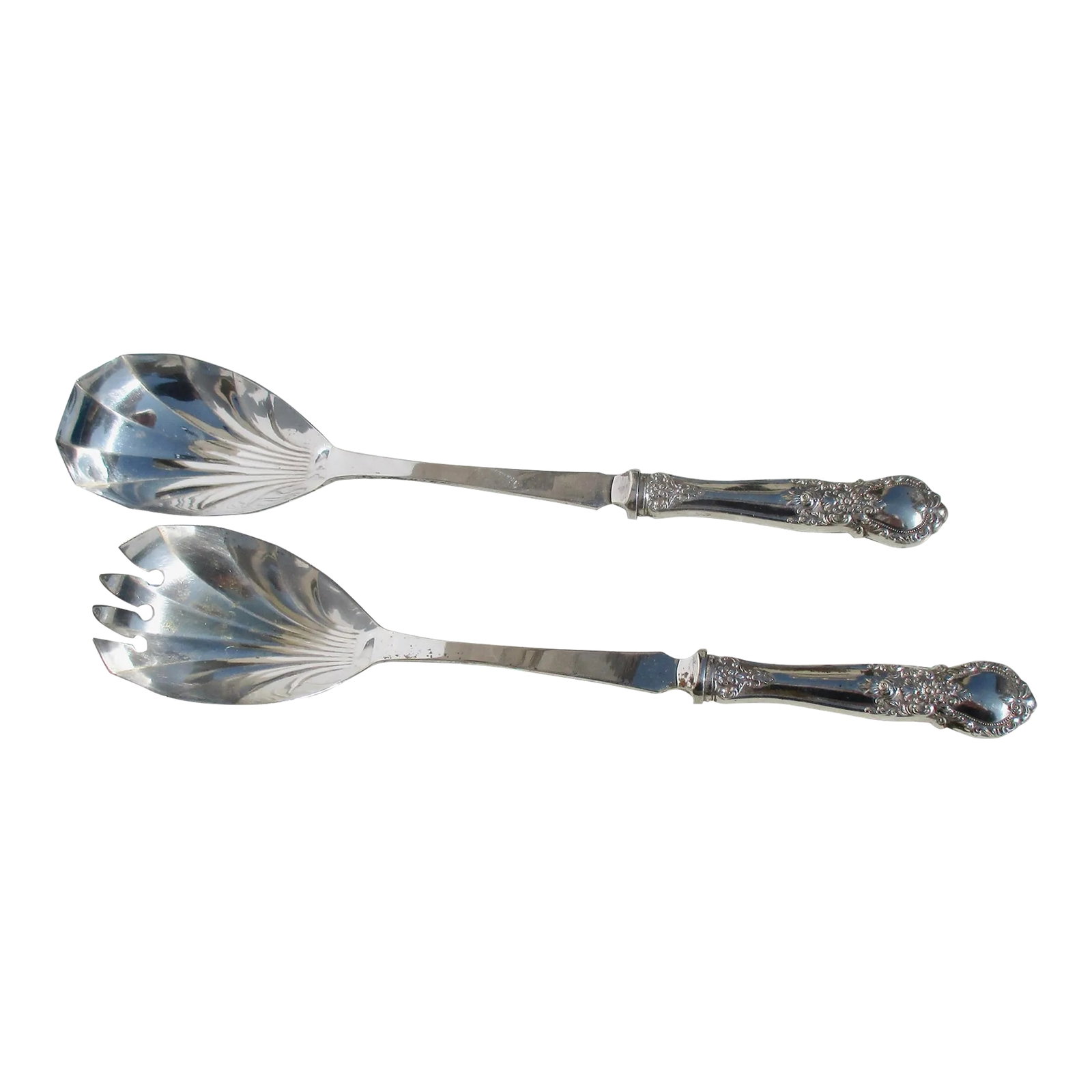 Web Sterling Silver Salad Set - a Set of 2: Salad Set of sterling handles by Webb and the tools are Sheffield plate EPNS 4. Beautiful classic Beaux Arts style handles with extremely fine detailing. Scalloped bowls with long handle stems. The