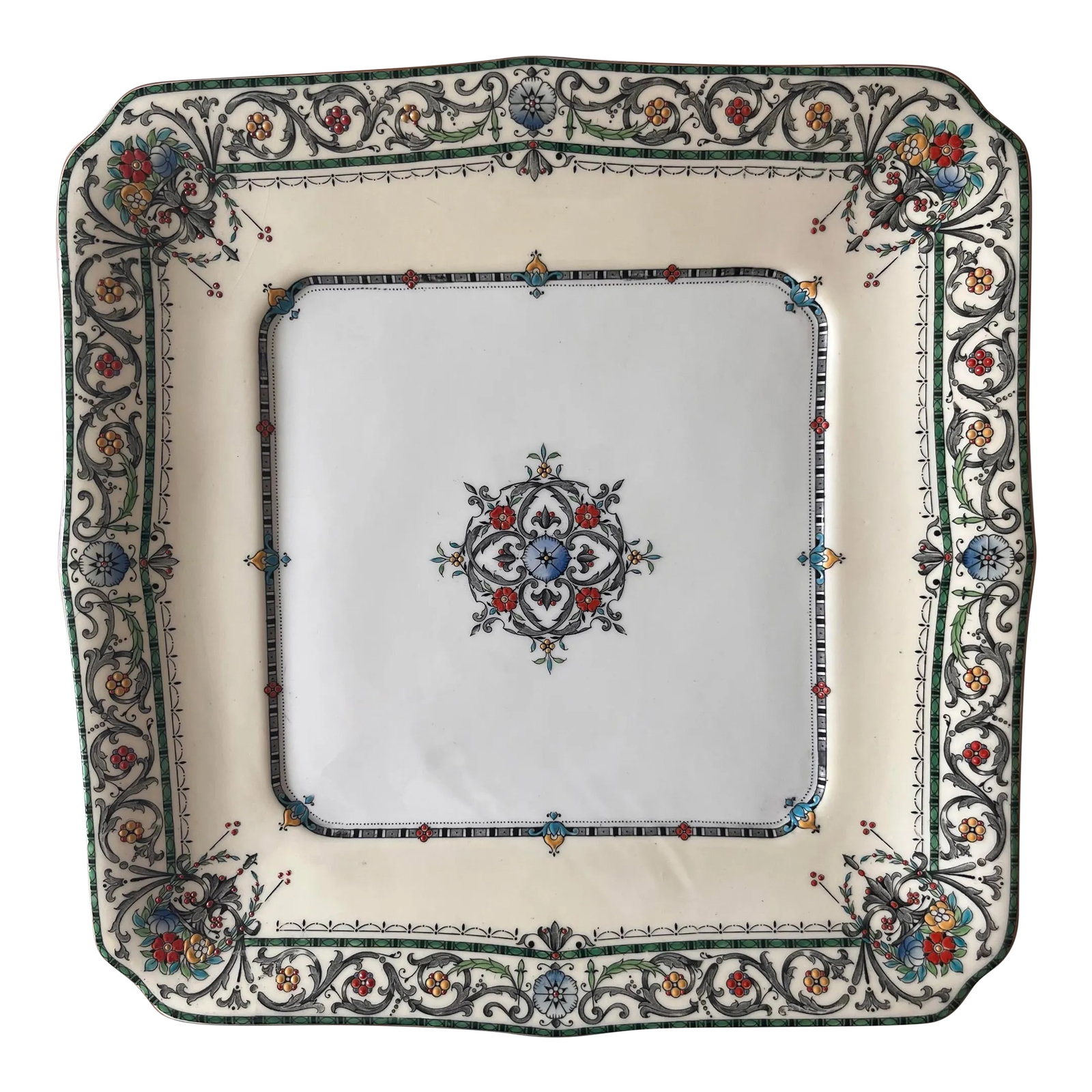 Royal Worcester 'Chantilly' Pattern Serving Platter: Beautiful vintage square serving platter by Royal Worcester in the 'Chantilly' pattern. Made in England. Hand decorated, colorful and classic pattern with extensive and vibrant jeweling on a wide