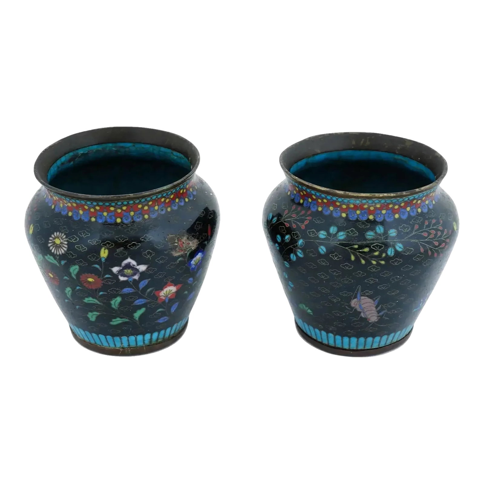 Antique Early Meiji Japanese Cloisonne Enamel Vases - a Pair: A pair of antique Japanese, early Meiji era, Translucent enamel over gilt copper vases. The exteriors of the wares are adorned with polychrome enamel designs representing bugs in blossoming flowers su