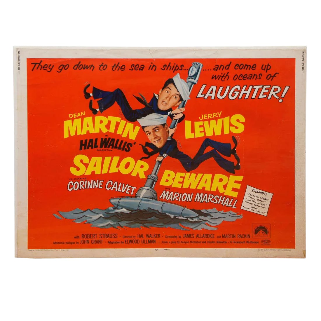 1952 Dean Martin & Jerry Lewis "Sailor Beware" Movie Poster: Movie poster or lobby card for the Dean Martin and Jerry Lewis comedy "Sailor Beware" made in 1952. Copyright Paramount Pictures 1952, 1968. Condition: Alterations: Unknown Imperfections: Some