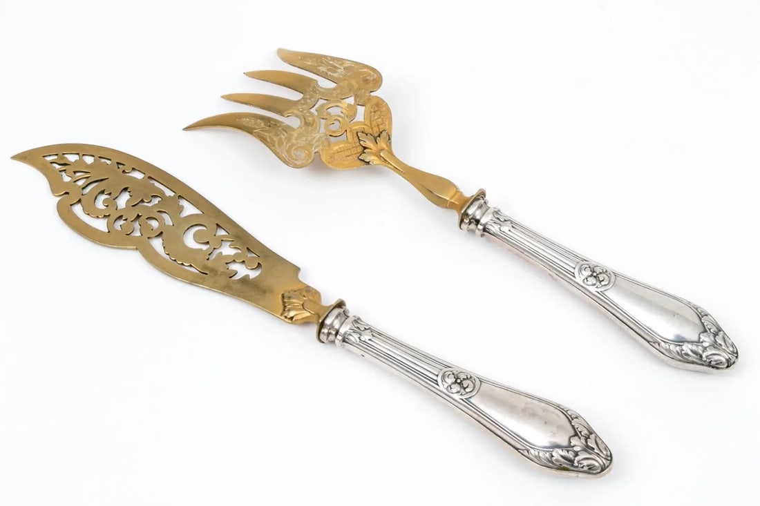 Vintage Weighted 830 Silver and Plated Steel Bladed Ornate Fish Serving Set- a Pair - 12