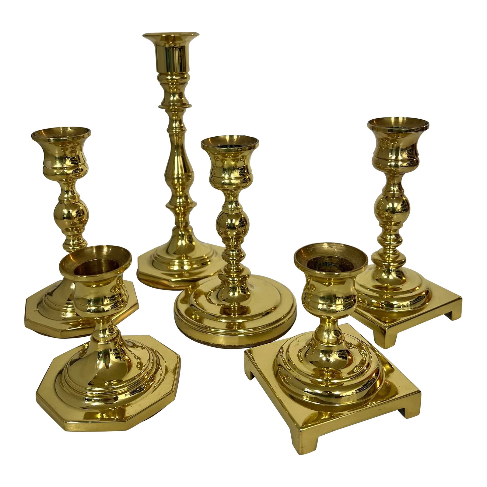 Vintage Baldwin Brass Candleholders - Set of 6: Baldwin brass candlesticks ranging in height from 3" - 7". The two square base are missing the felt. Each measures 3" wide at base. Condition: Alterations: Original Condition Unaltered Imperfections: 