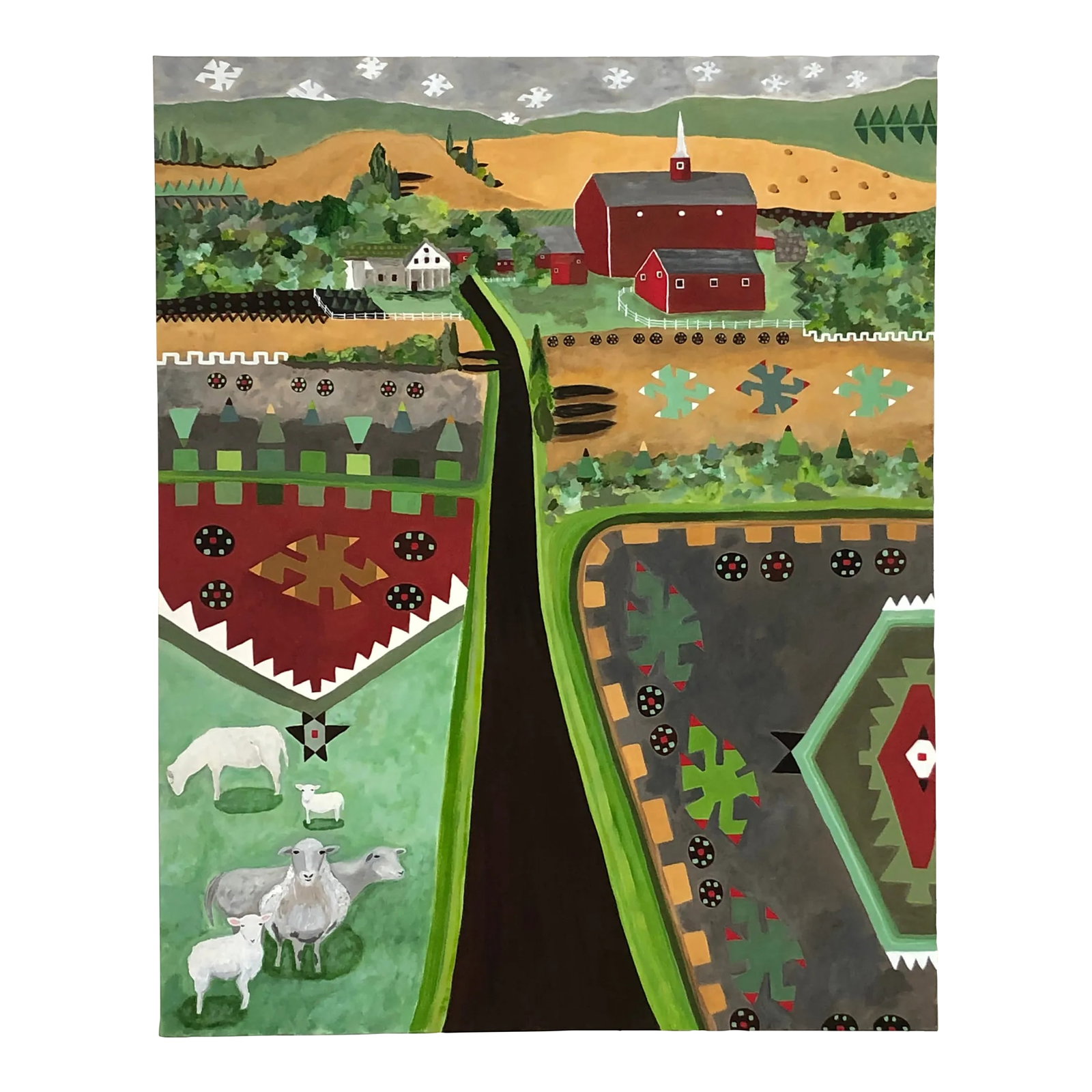Very Large Beautiful Contemporary Painting Titled Kilim Farm: A striking large bold contemporary painting on canvas of a local New Jersey farm rendered in artist Fay Sciarra's whimsical design forward style, intermingling pattern from an antique kilim rug that