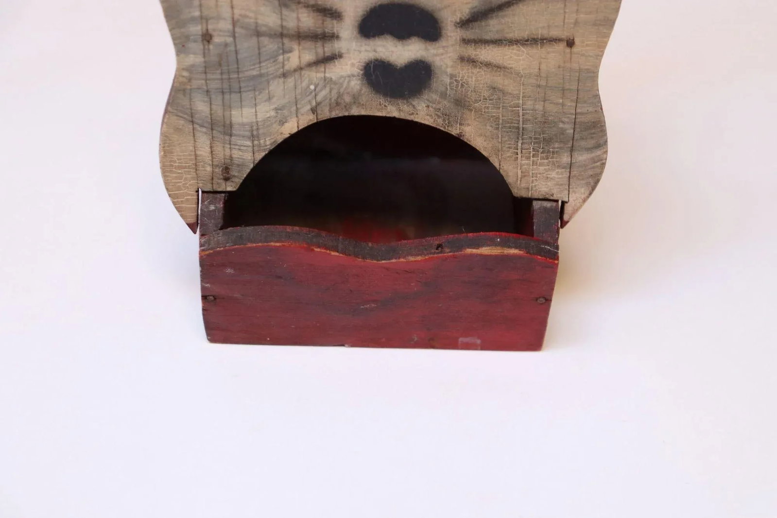 Vintage Folk Art Carved "Cat" Red Painted Matchbook Holder - 10