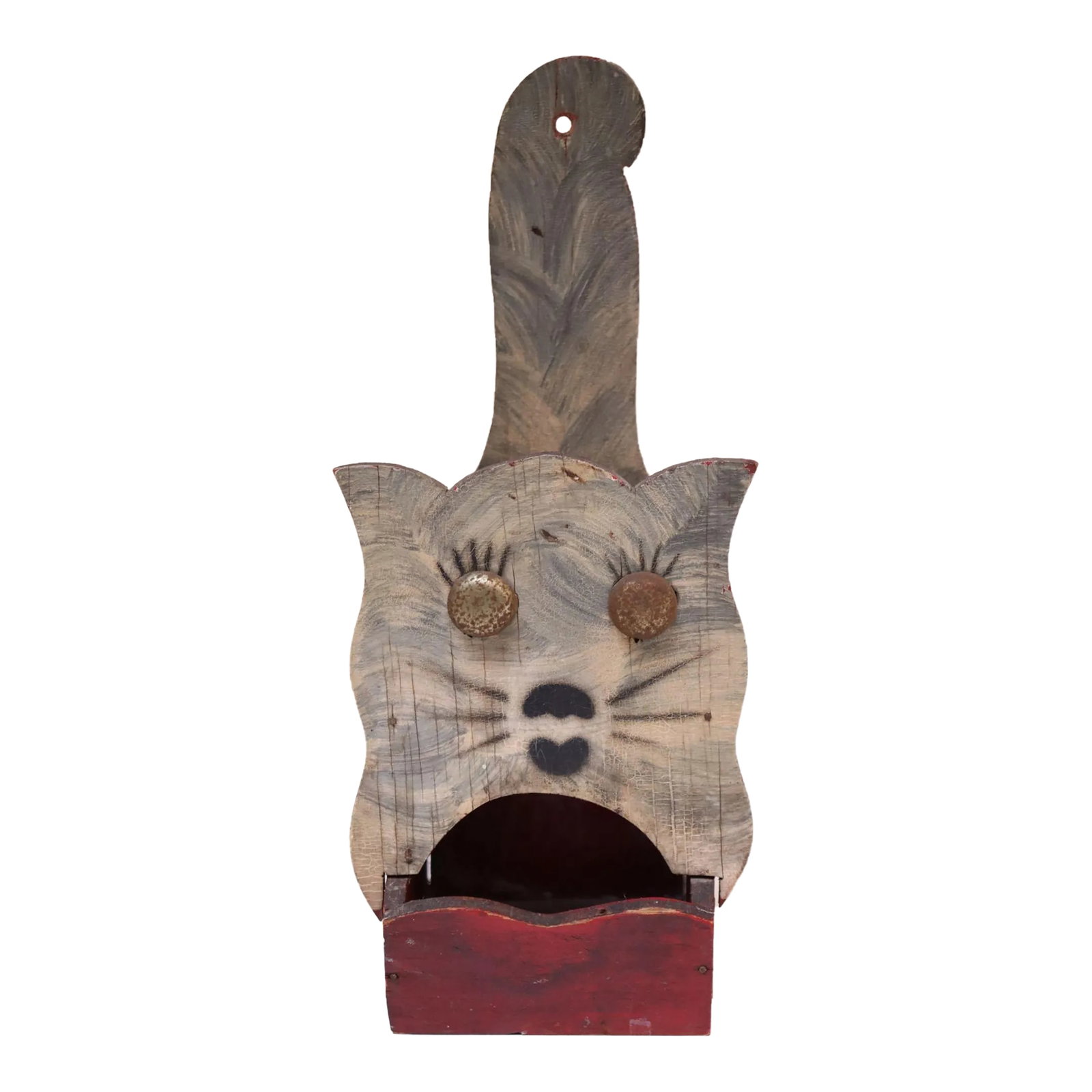 Vintage Folk Art Carved "Cat" Red Painted Matchbook Holder: Hand-carved Folk Art matchbook holder with attached metal eyes and original hand-painted details (ca. 1940s, USA). Primary box color is red (retains original paint). Equipped with a hole through the t