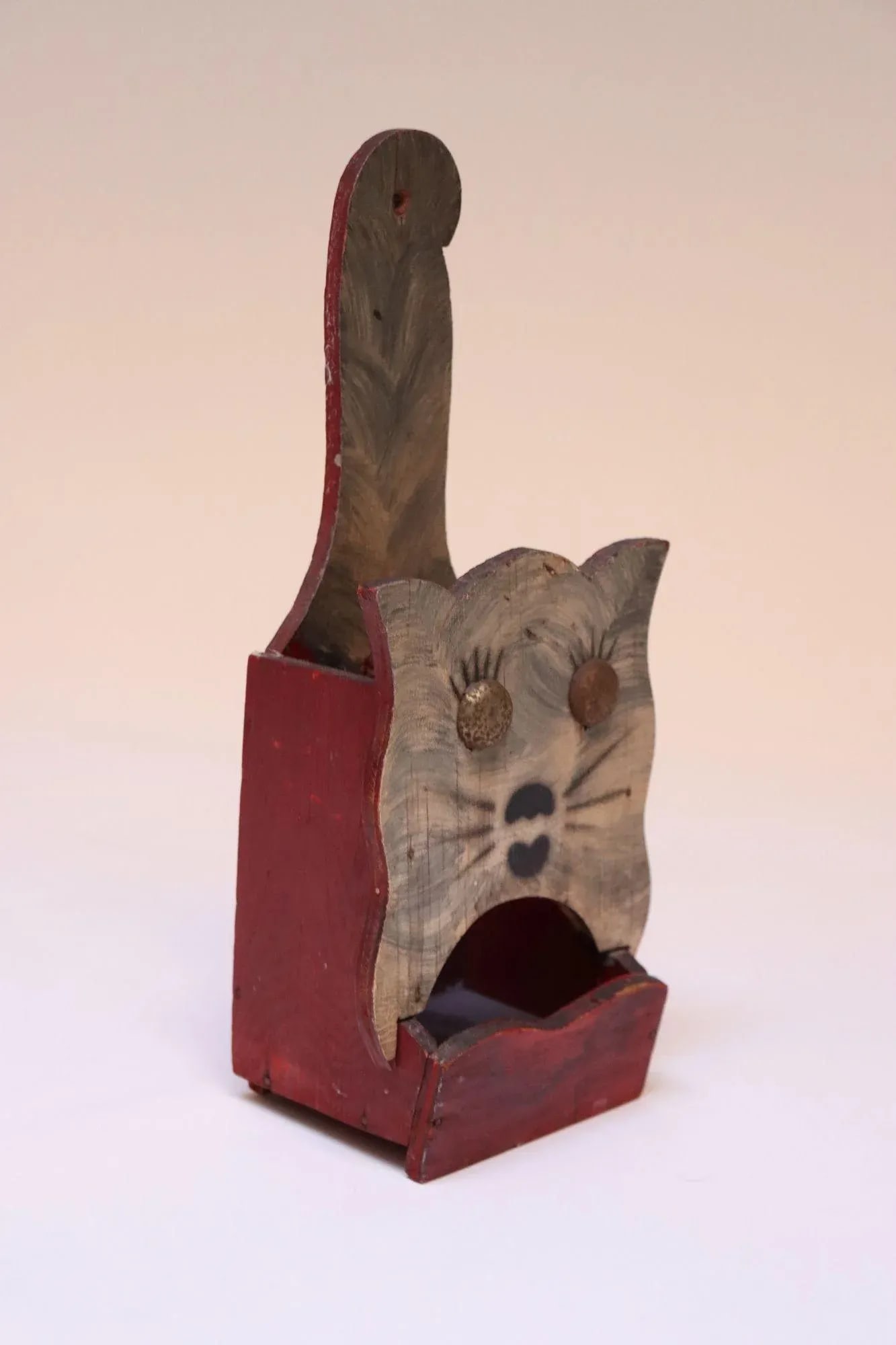 Vintage Folk Art Carved "Cat" Red Painted Matchbook Holder - 2