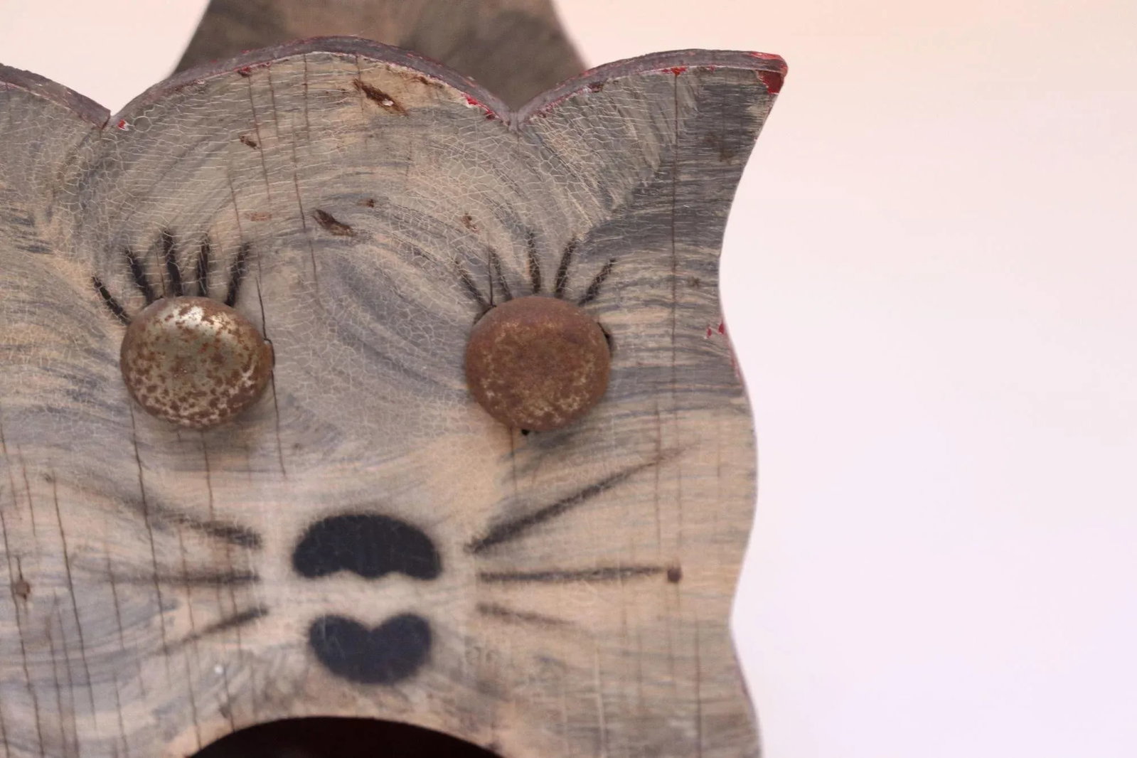 Vintage Folk Art Carved "Cat" Red Painted Matchbook Holder - 8
