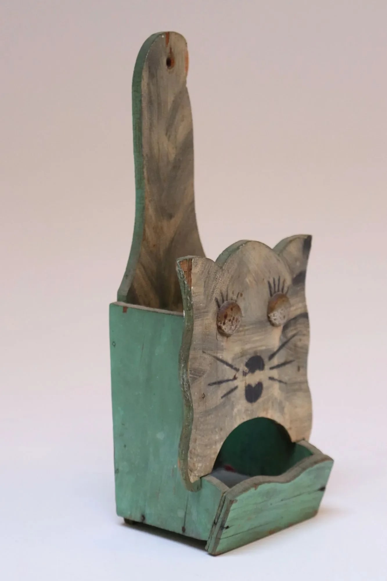 Vintage Folk Art Carved "Cat" Mint Green Matchbook Holder - 2