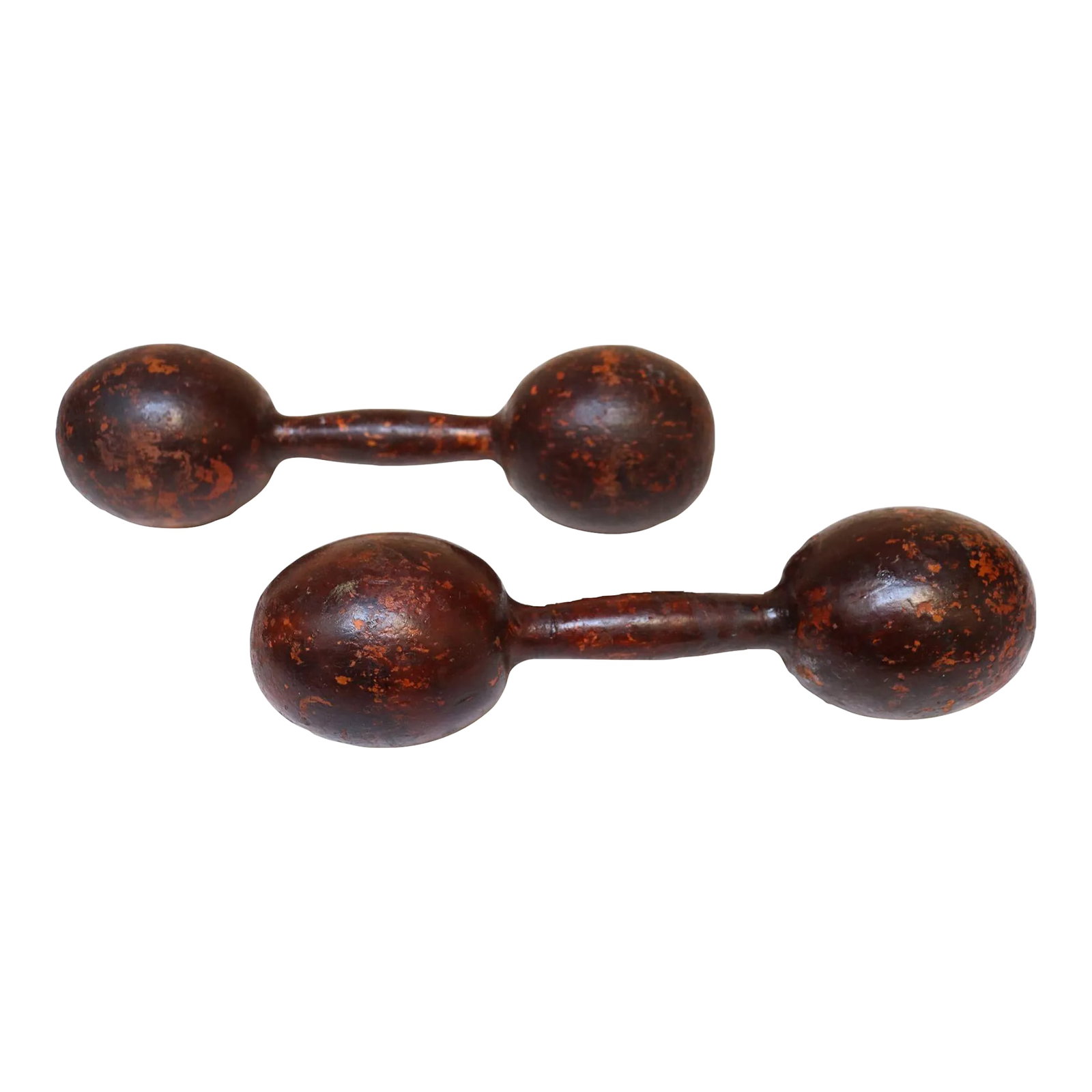 Pair of Vintage Sculptural Primitive Hand Weights/Dumbbells: Pair of circa 1930s American hand-carved dumbbells, each from one continuous piece of wood retaining its original deep mahogany stain. Perfectly aged with rich patina and finish loss throughout.