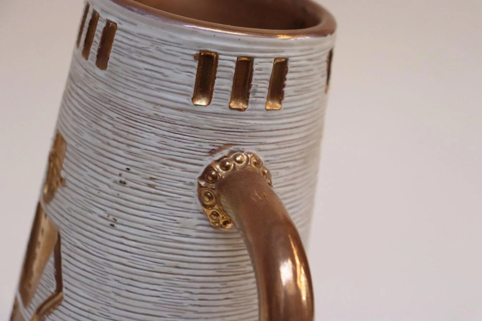 Italian Terracotta Gold Glazed Incised Figural Pitcher by Fratelli Fanciullacci - 12