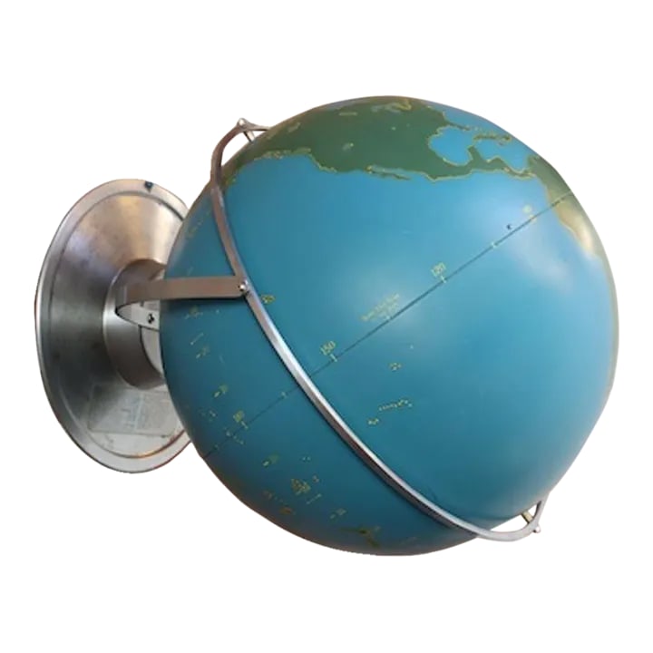 Large Vintage a.j. Nystrom Wall Mounted or Tabletop Activity / Military Globe: Machine Age-style A.J. Nystrom of Chicago Military or Activity Globe composed of a spun metal blue orb with green slated land masses outlined in yellow. These globes were used by the military and