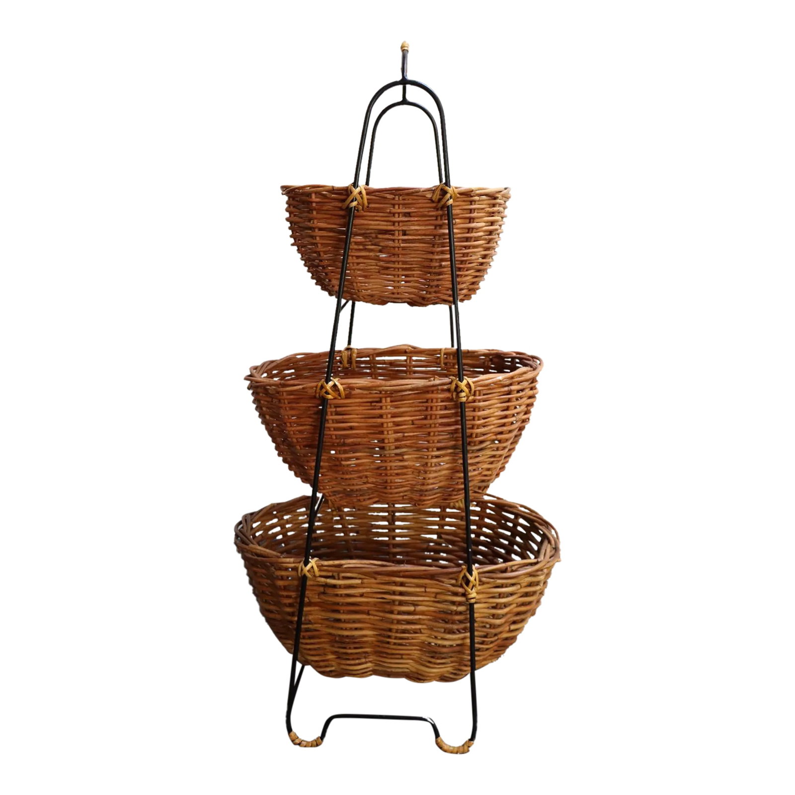 Vintage Graduated Wicker and Iron Three-Tiered Basket Stand (1 of 12)