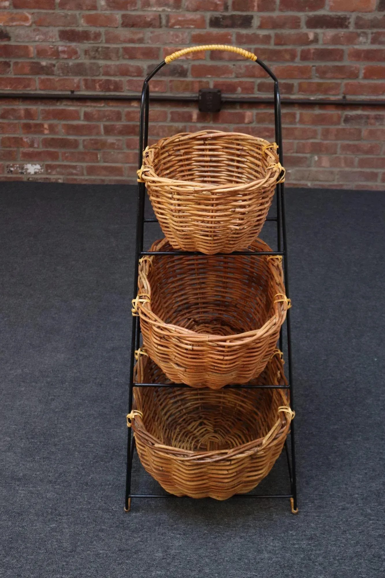 Vintage Graduated Wicker and Iron Three-Tiered Basket Stand - 2