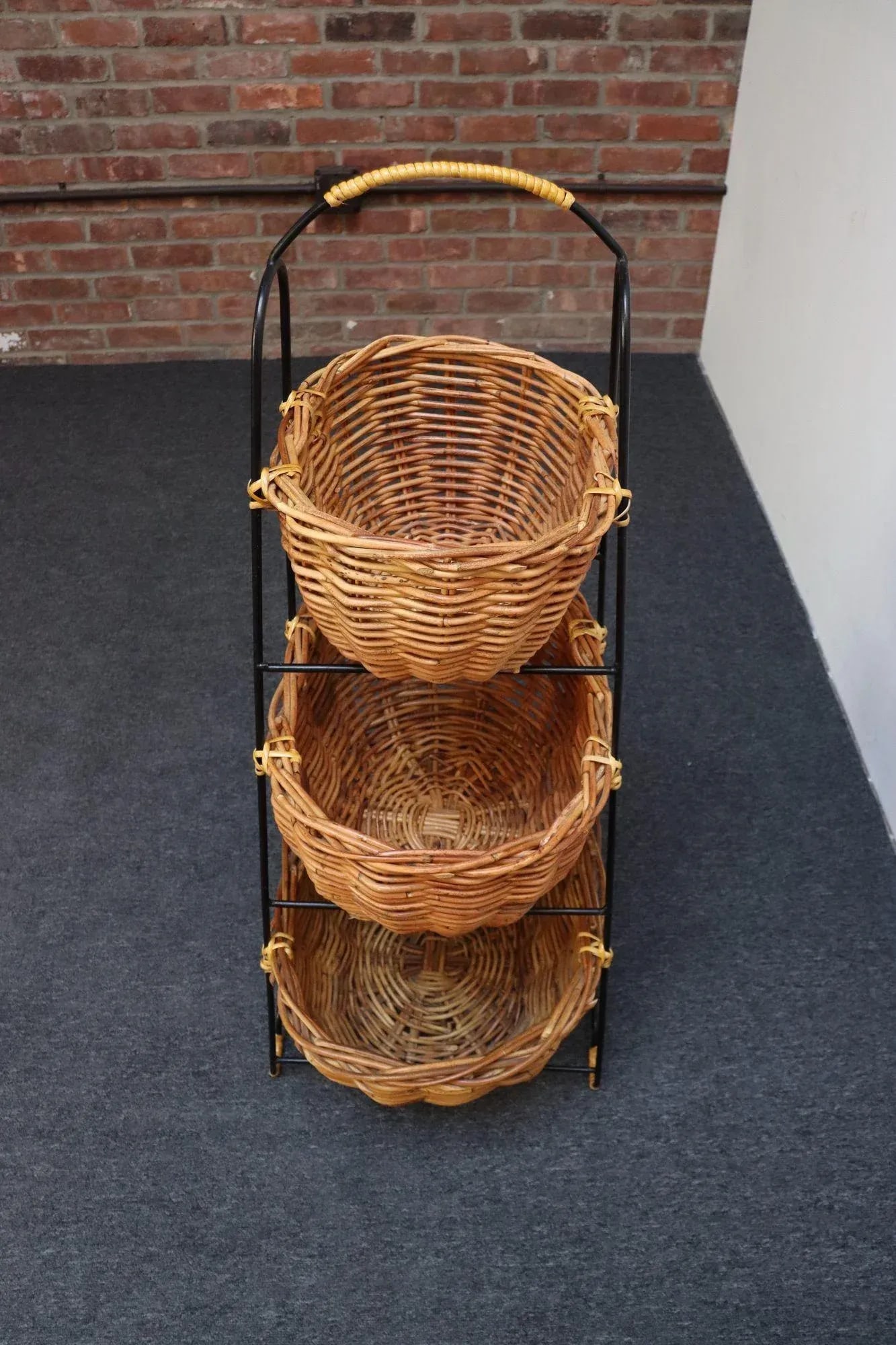Vintage Graduated Wicker and Iron Three-Tiered Basket Stand - 3