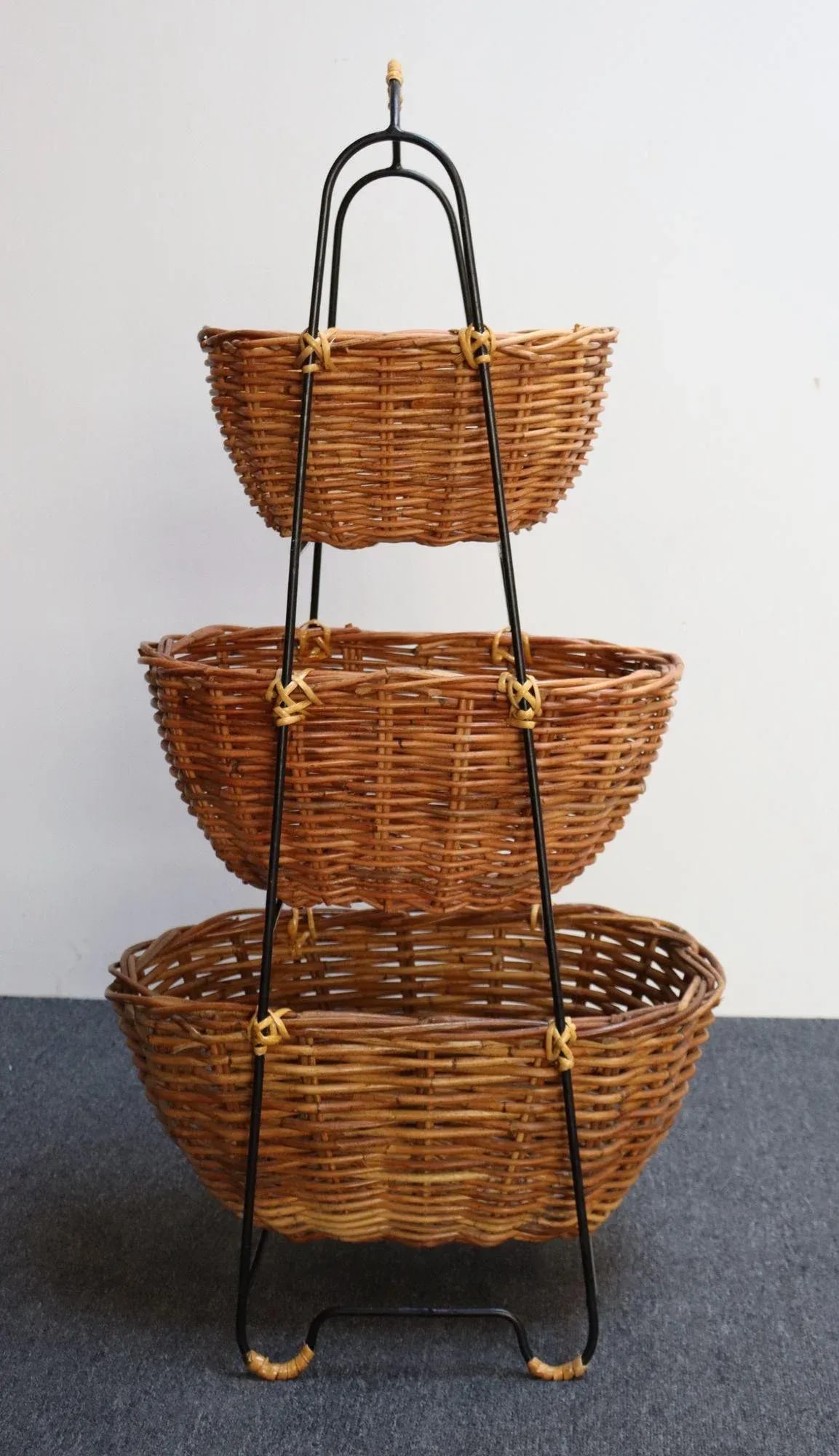 Vintage Graduated Wicker and Iron Three-Tiered Basket Stand - 4