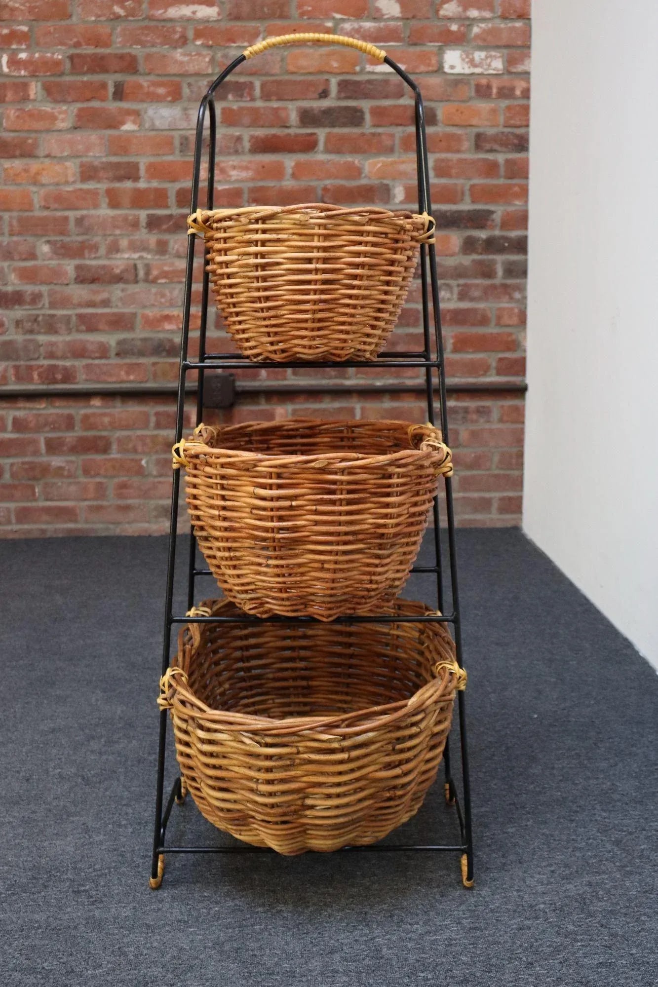 Vintage Graduated Wicker and Iron Three-Tiered Basket Stand - 5