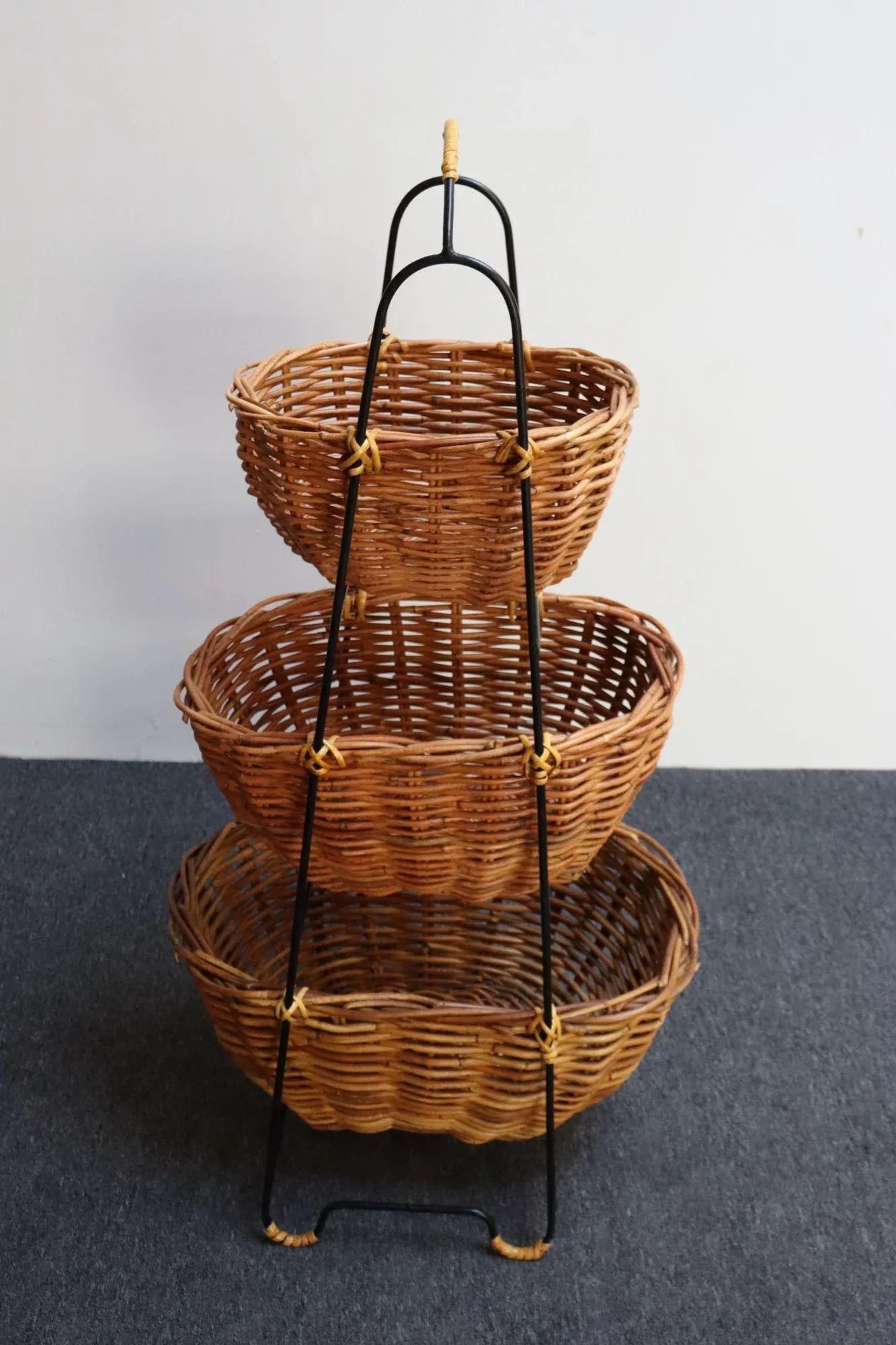 Vintage Graduated Wicker and Iron Three-Tiered Basket Stand - 6