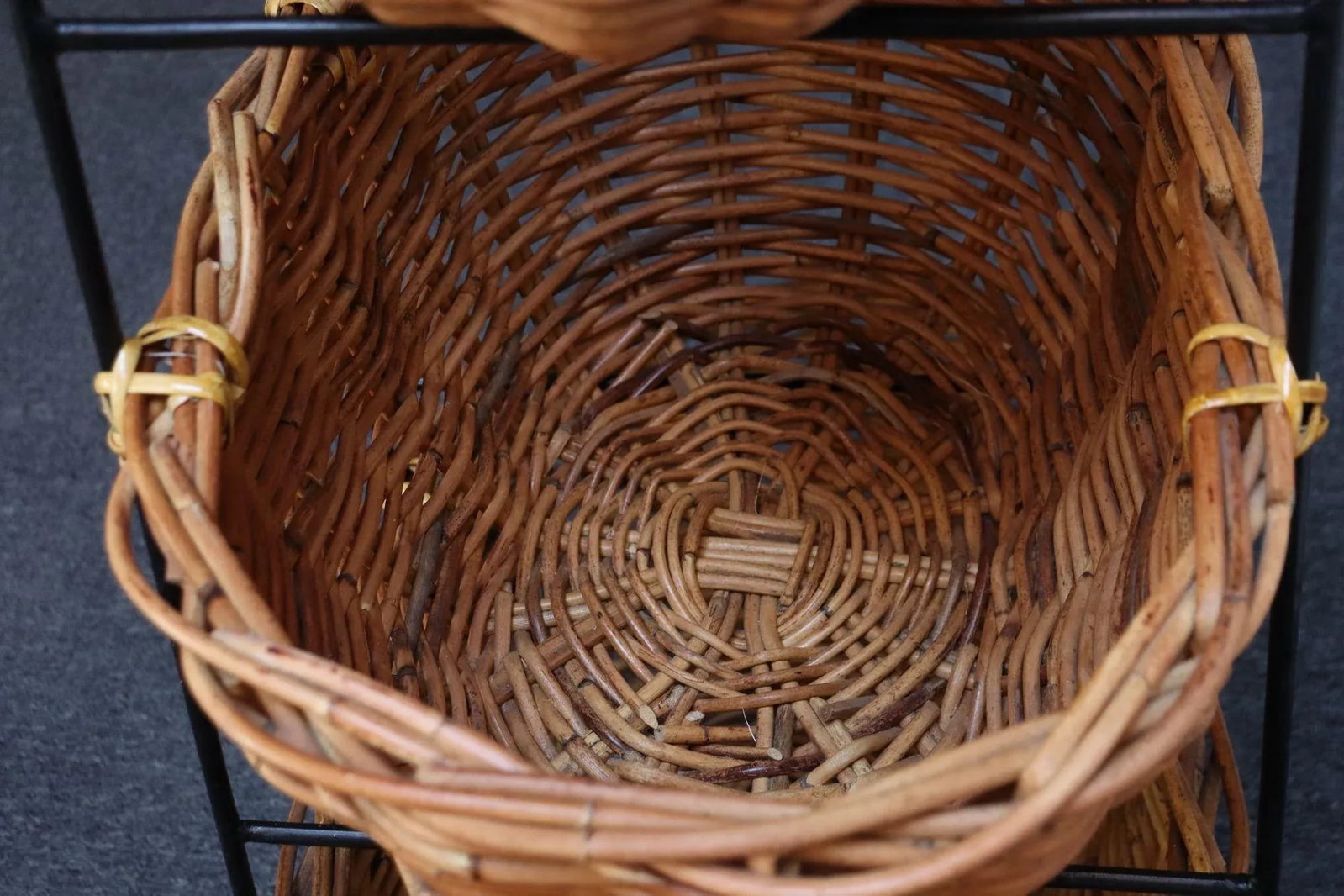 Vintage Graduated Wicker and Iron Three-Tiered Basket Stand - 9
