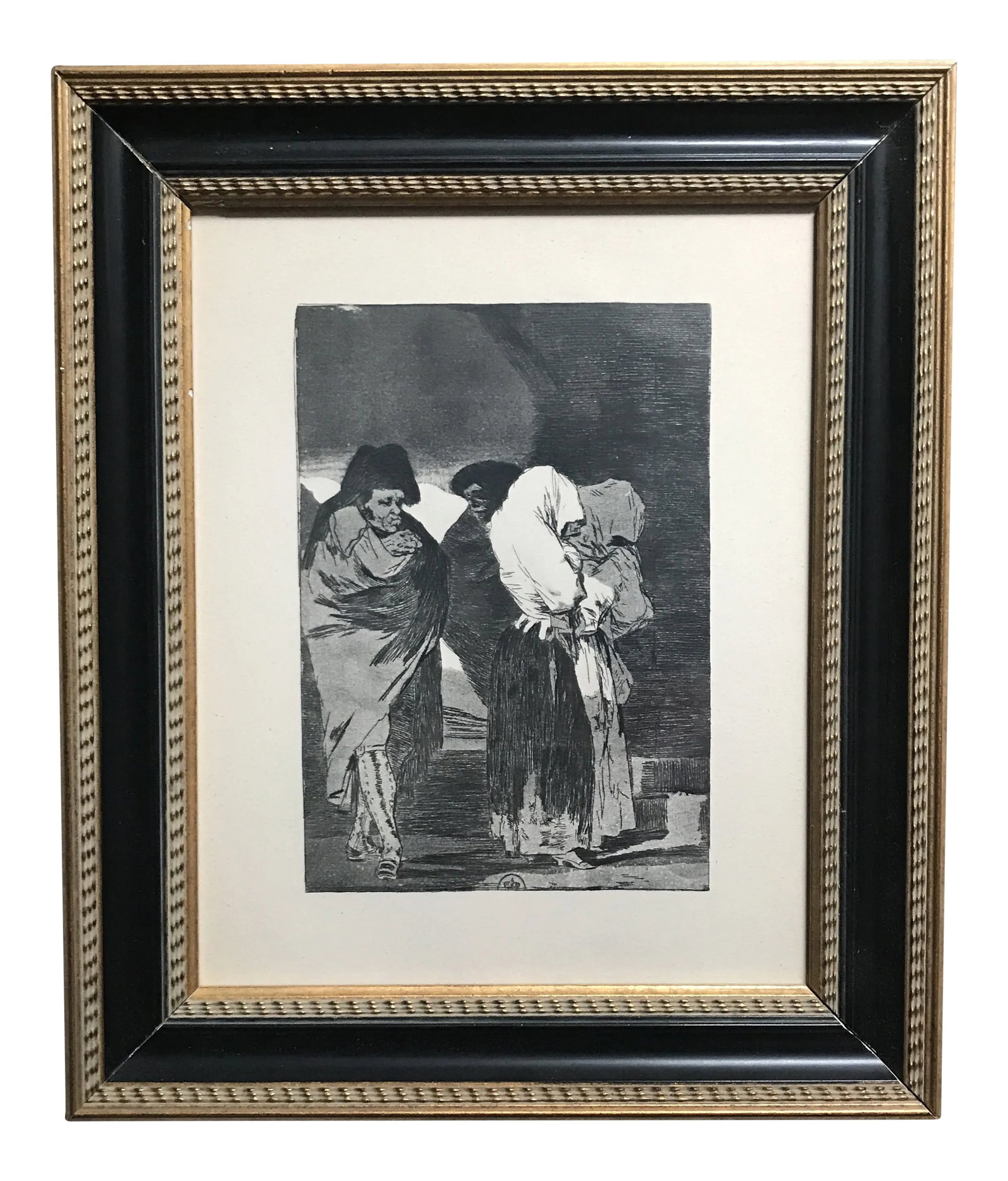 Mid 20th Century Framed Etching, Attributed to Francisco de Goya y Lucientes.: Black and white vintage etching print attributed to Francisco de Goya y Lucientes. Professionally framed and matted with additional info on artist. Purchased at a high-end estate sale in Florida.
