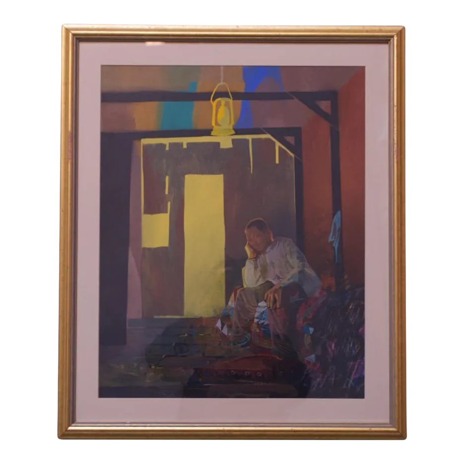 Realist Figural Study Mixed-Media on Canvas: Ca. 1970s, American mixed-media figural study utilizing collage, watercolor and oil paint. Strong composition and attractive palette. Glass-fronted frame included. Framed: H: 24" x L: 20" x D: 0.75" L