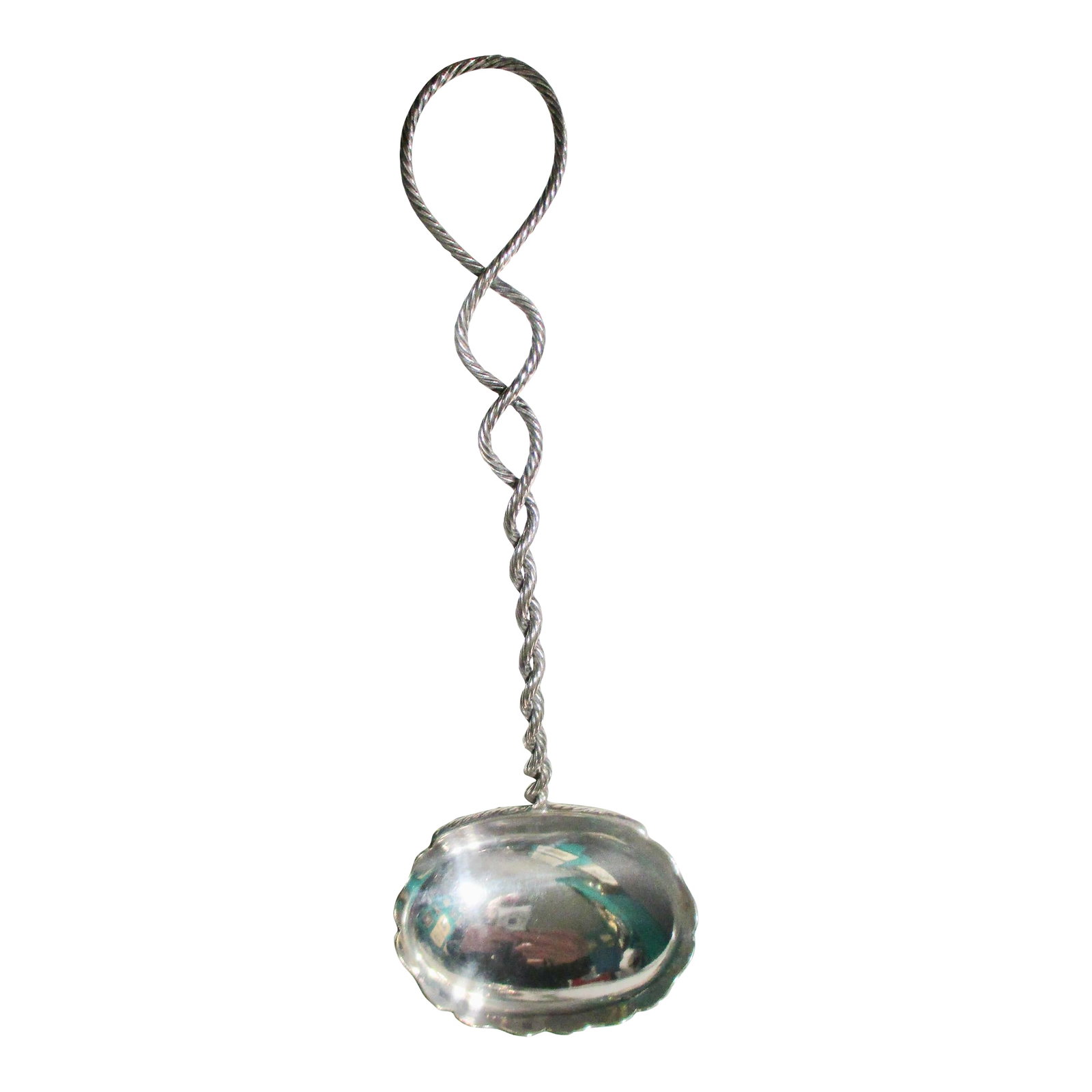 Handmade Silver Plate Serving Spoon: A handmade rope-turned laddle. The handle is braided into a twist, which becomes larger loops at the handle. The measurements are 7" by 2.5", with no maker's markings or assay marks. Condition:
