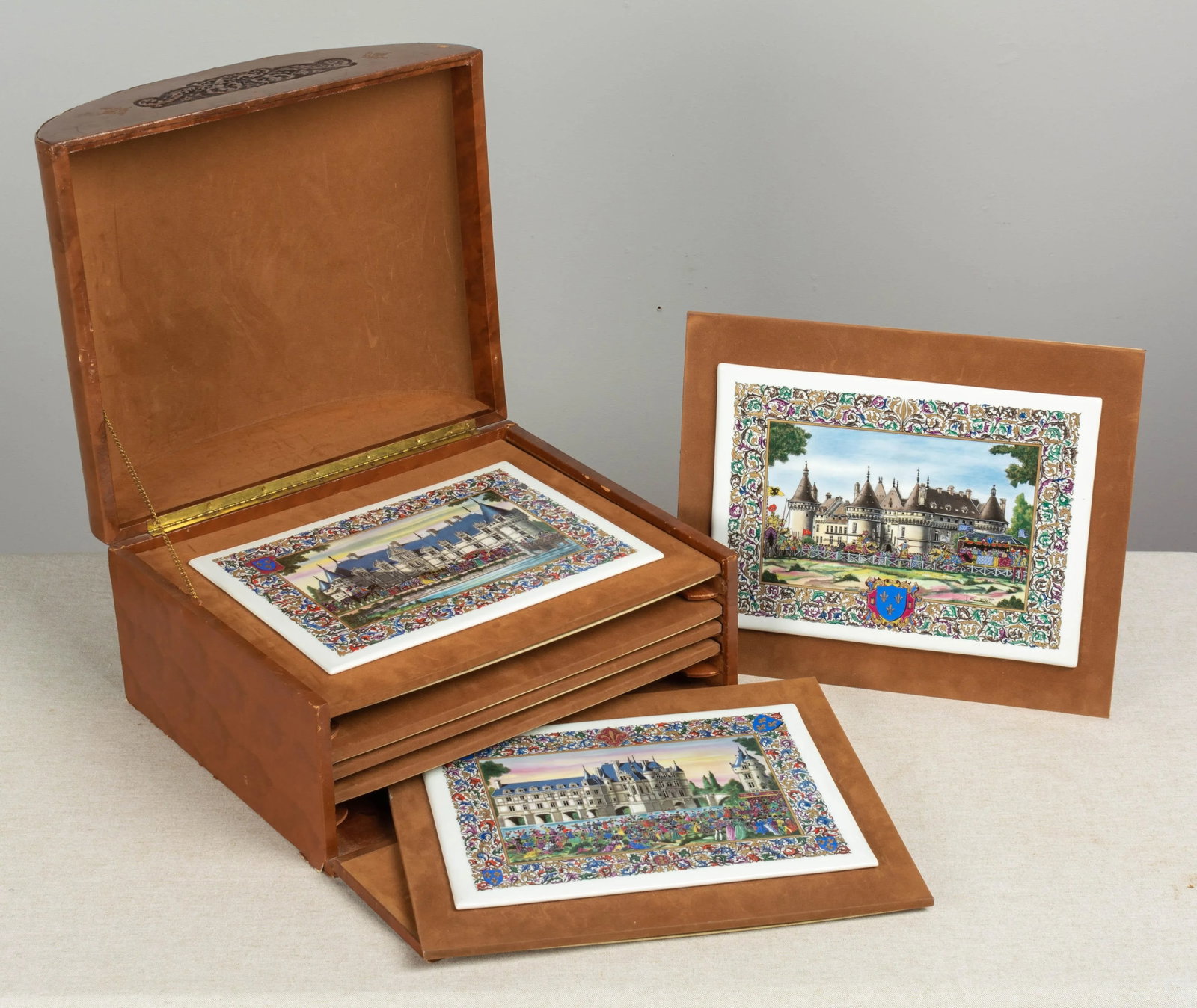 French Chateaux Porcelain Plaques - Boxed - Set of 7 - 13