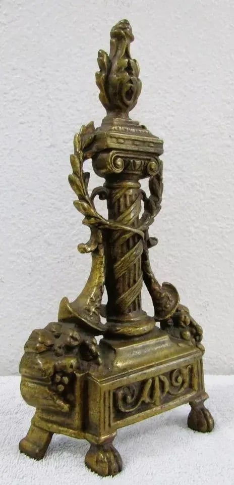 1920s Small French Empire Louis XVI Style Brass Column and Flame Finial Andiron Front - 11