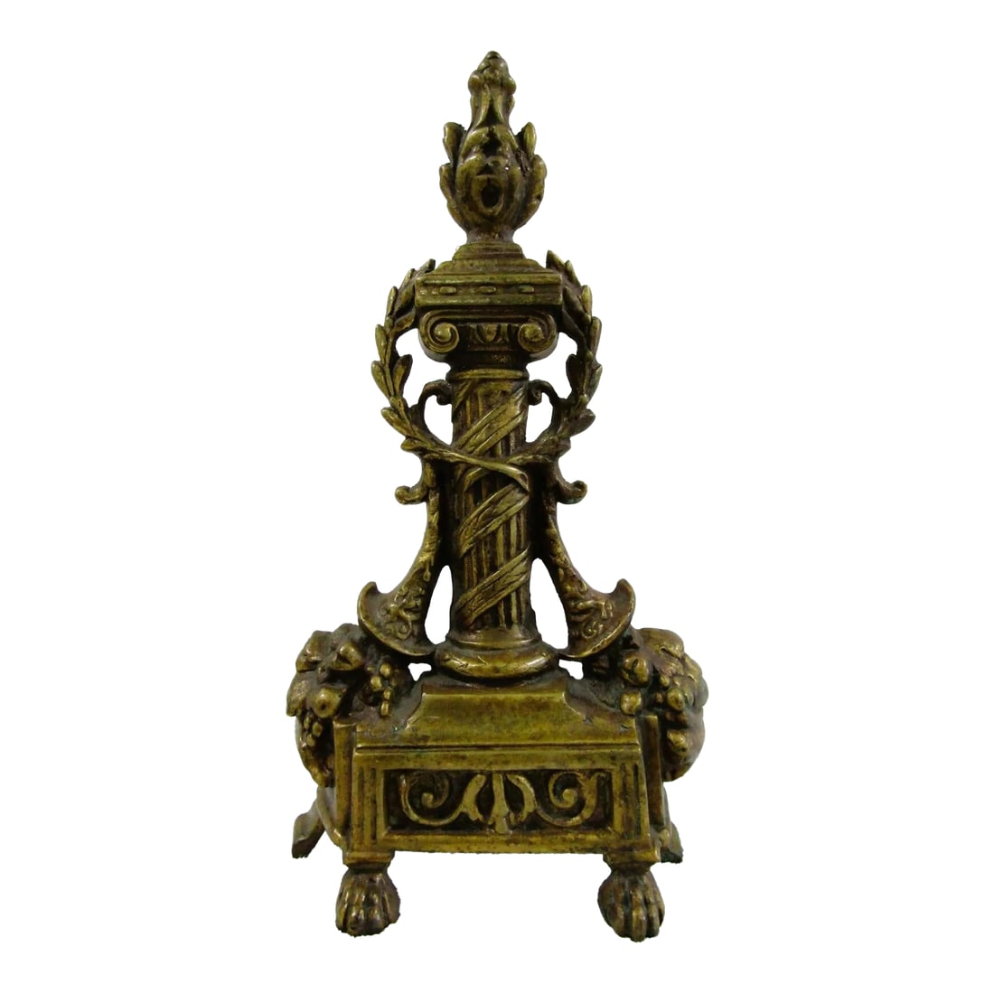 1920s Small French Empire Louis XVI Style Brass Column and Flame Finial Andiron Front: Small French Empire Louis XVI Style Brass Column & Flame Finial Andiron Front Shows a column, a finial flame, ribbon wrapping around the column, upside down cornucopias on the side and hoof frontal