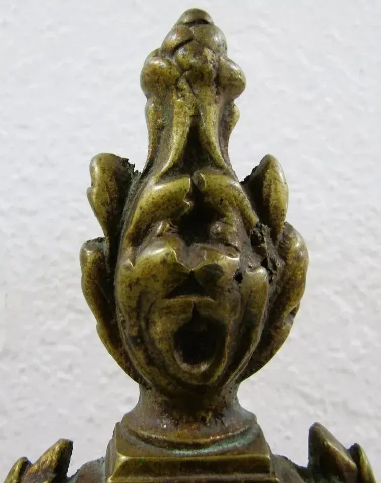 1920s Small French Empire Louis XVI Style Brass Column and Flame Finial Andiron Front - 2