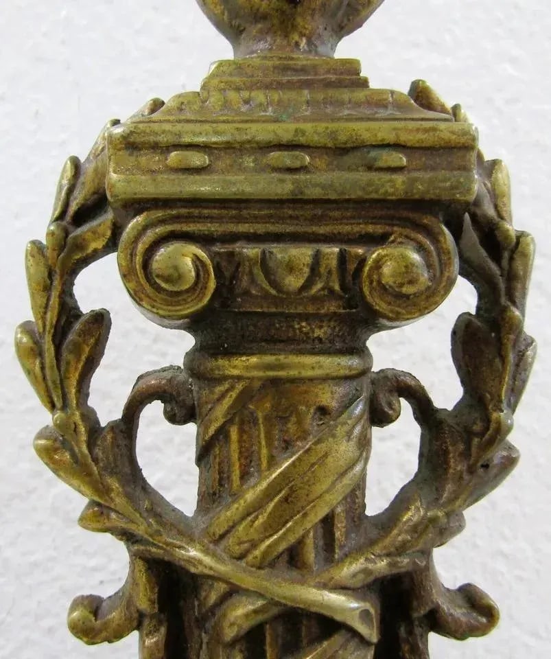 1920s Small French Empire Louis XVI Style Brass Column and Flame Finial Andiron Front - 3