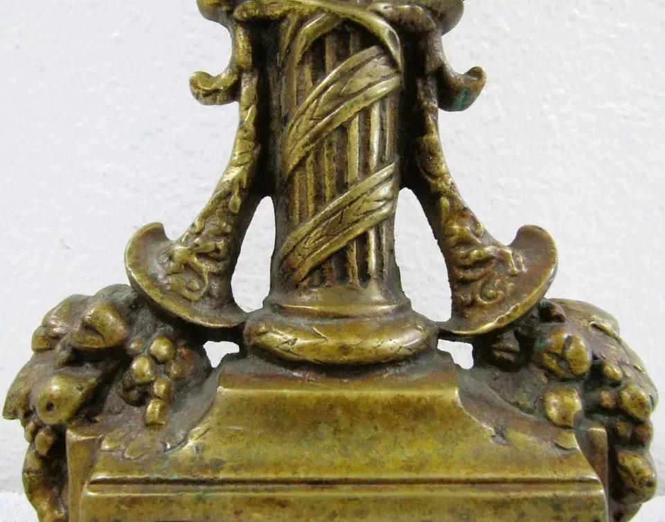 1920s Small French Empire Louis XVI Style Brass Column and Flame Finial Andiron Front - 4