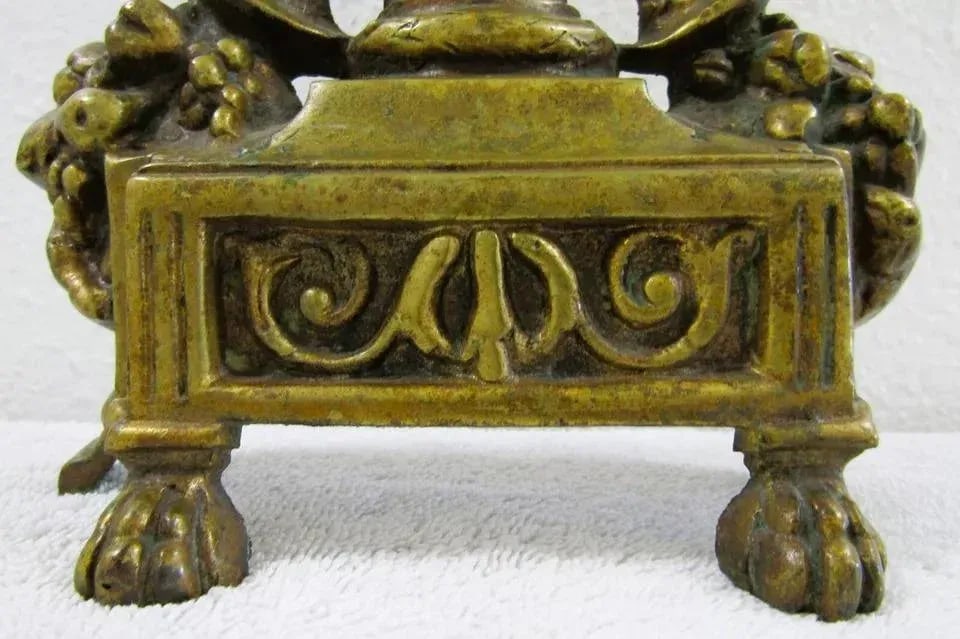 1920s Small French Empire Louis XVI Style Brass Column and Flame Finial Andiron Front - 5