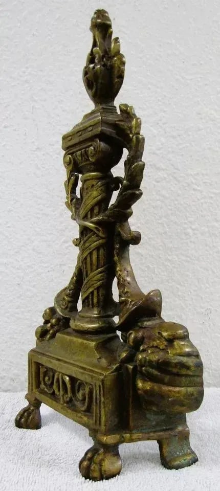 1920s Small French Empire Louis XVI Style Brass Column and Flame Finial Andiron Front - 6