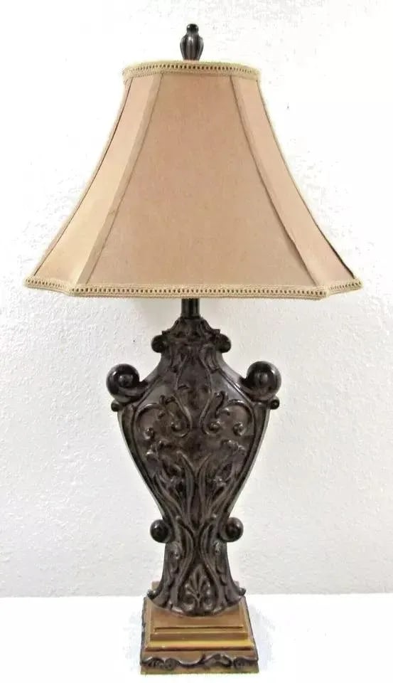 Matched Pair of Sculpted Designer Resin Table Lamps With Silk Shades - 2