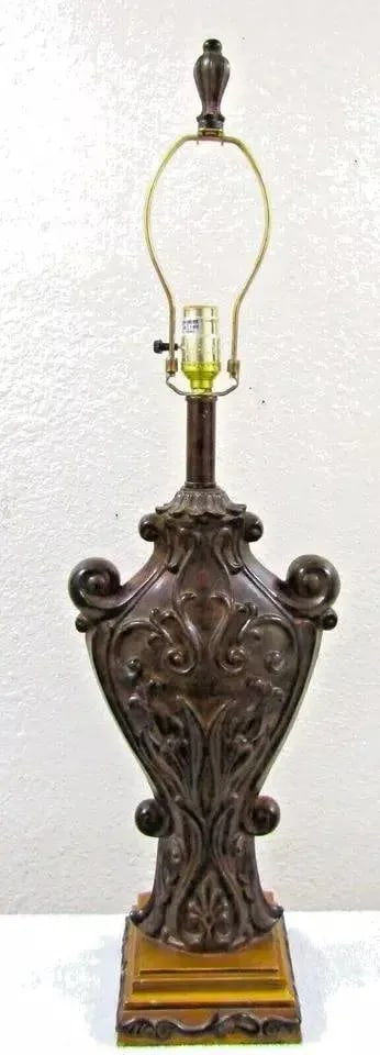 Matched Pair of Sculpted Designer Resin Table Lamps With Silk Shades - 3