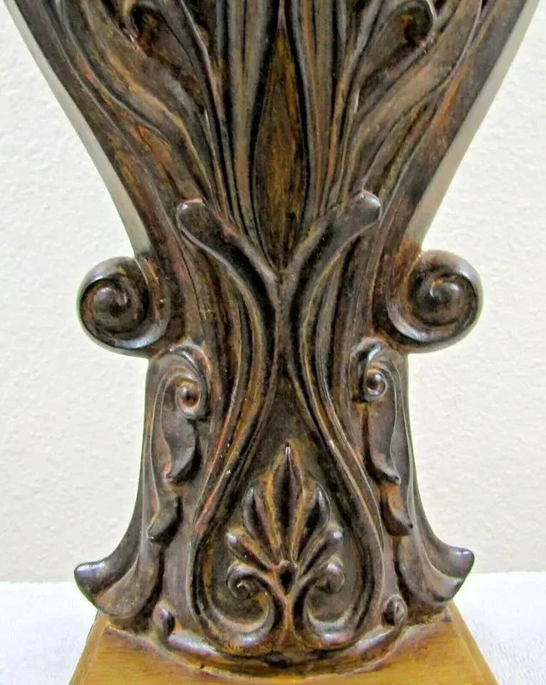 Matched Pair of Sculpted Designer Resin Table Lamps With Silk Shades - 7