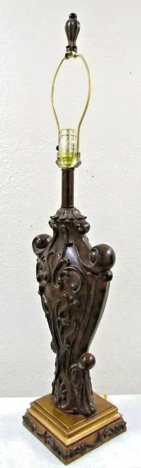 Matched Pair of Sculpted Designer Resin Table Lamps With Silk Shades - 8