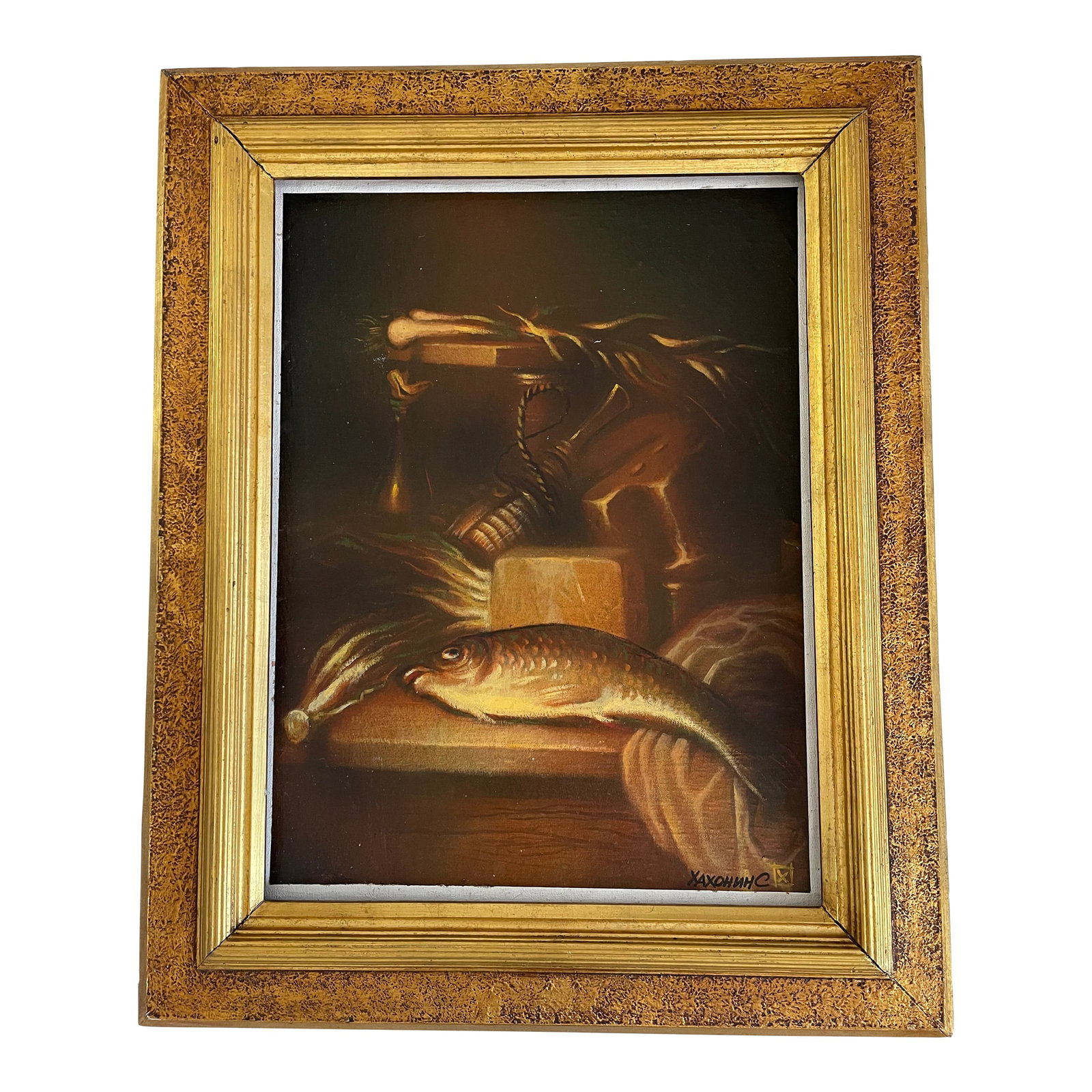 1990s Original Still Life With Fish Trout Oil Painting in Antique Frame: Large modern oil on canvas still life with fish in antique patinated frame. Condition: Alterations: Original Condition Unaltered Imperfections: Some Imperfections Condition Notes: Good condition