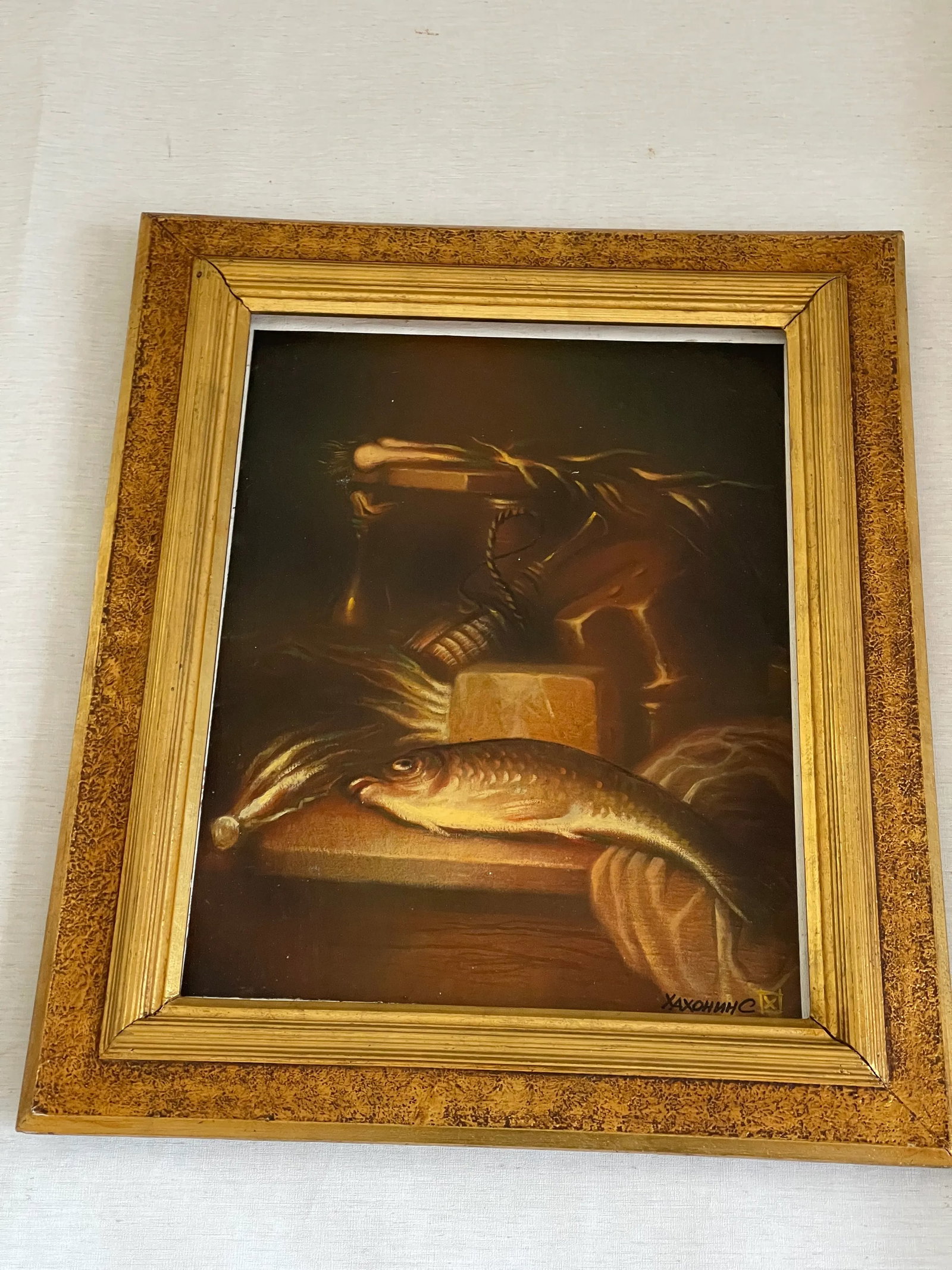 1990s Original Still Life With Fish Trout Oil Painting in Antique Frame - 3