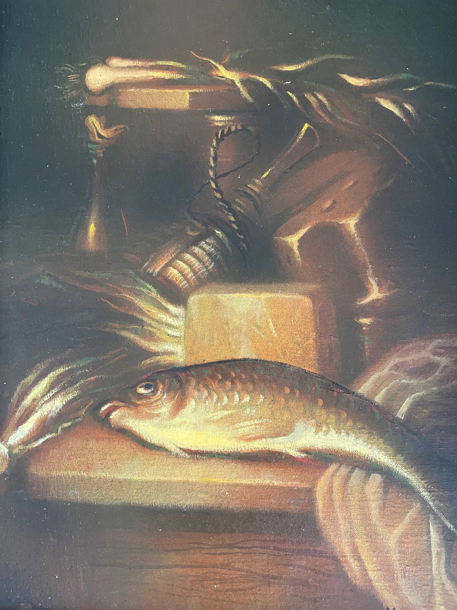 1990s Original Still Life With Fish Trout Oil Painting in Antique Frame - 4
